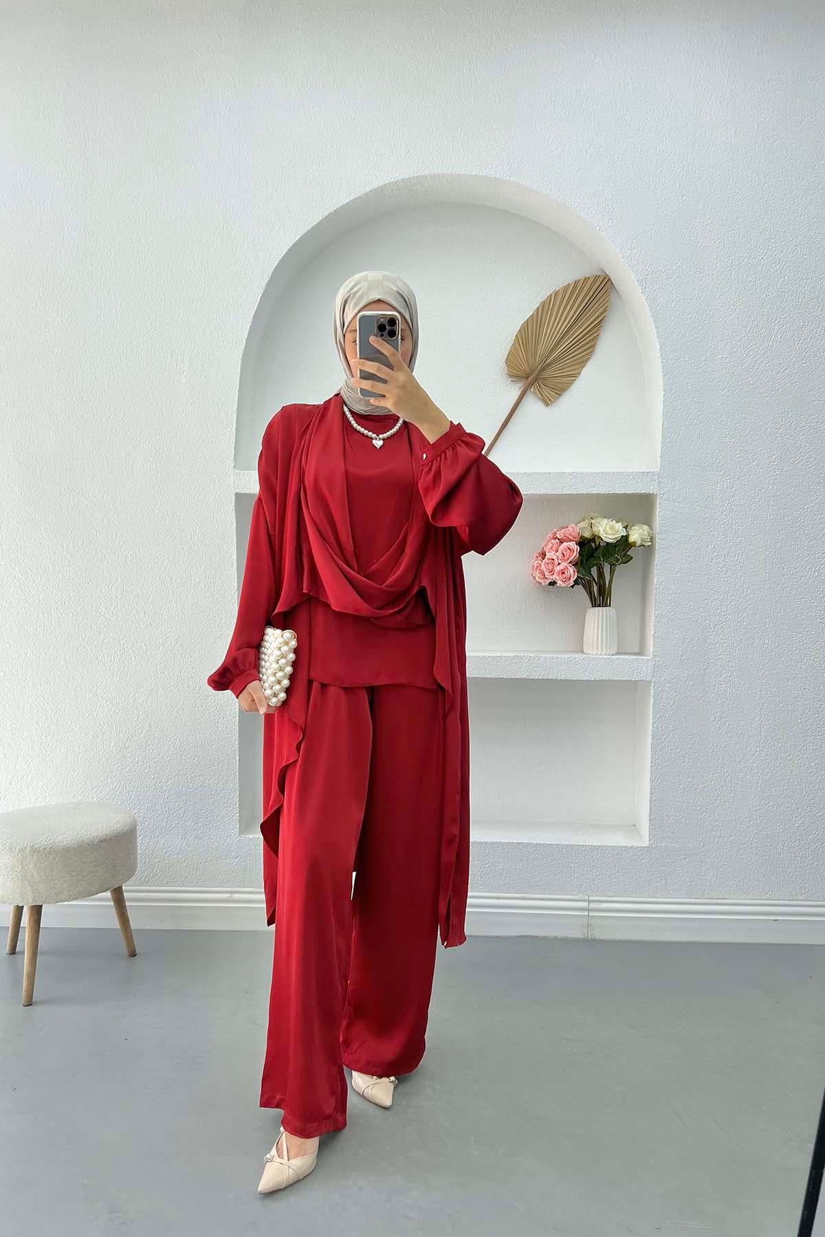 Üçlü Saten Takım Bordo
