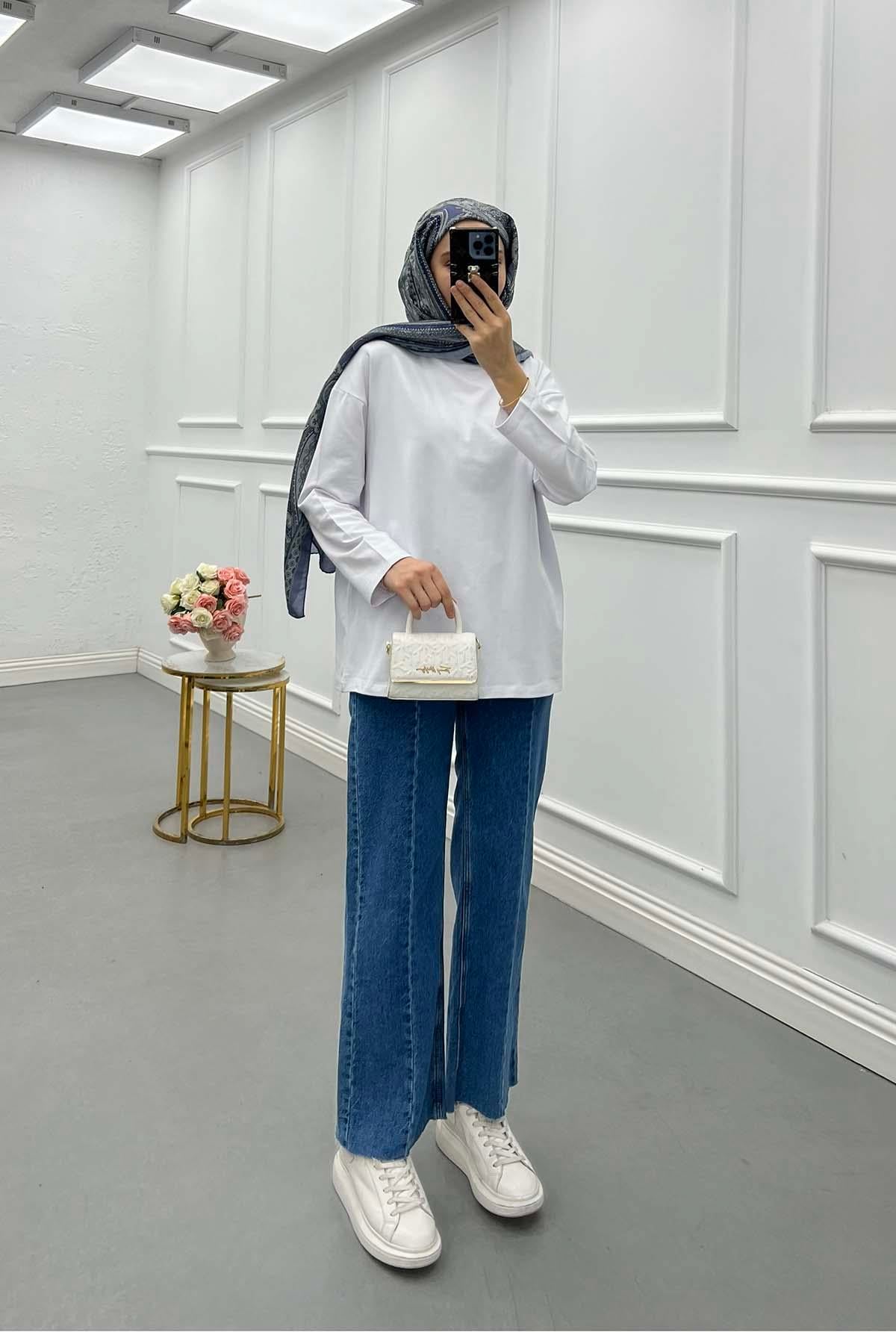 Uzun Kol Oversize Tshirt Beyaz