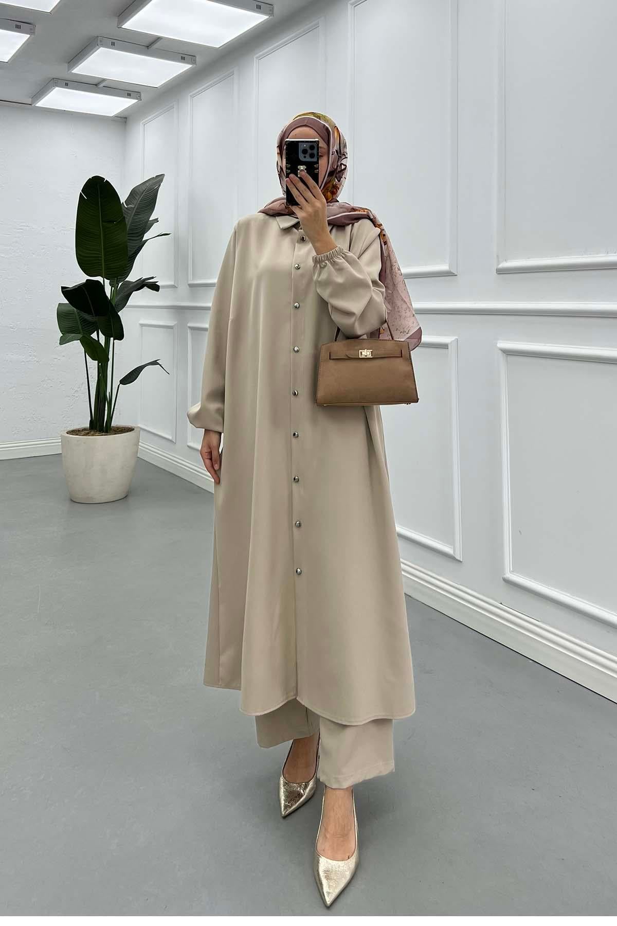 Uzun Krep Takım Bej