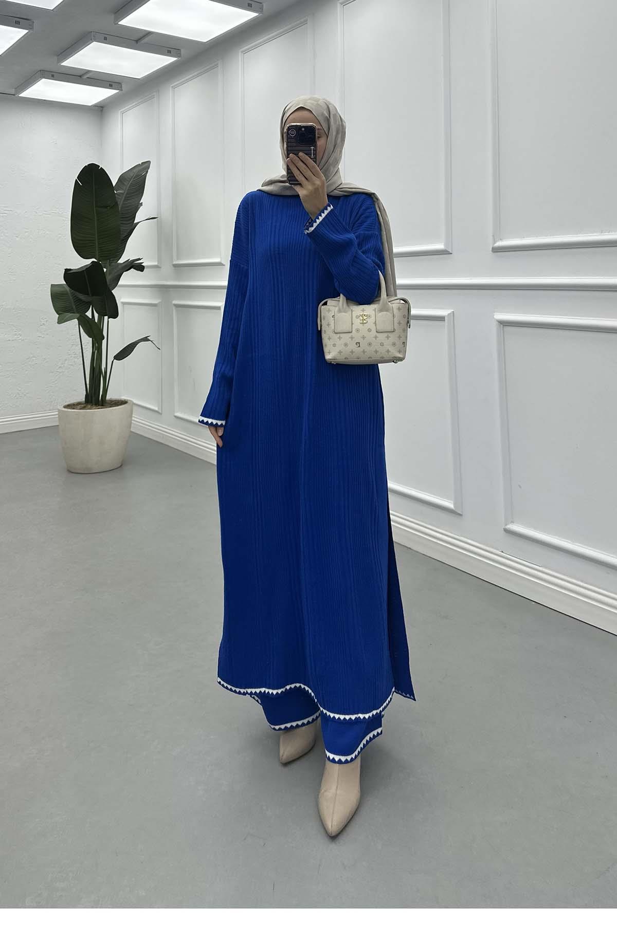 Uzun Triko Takım Saks Mavi