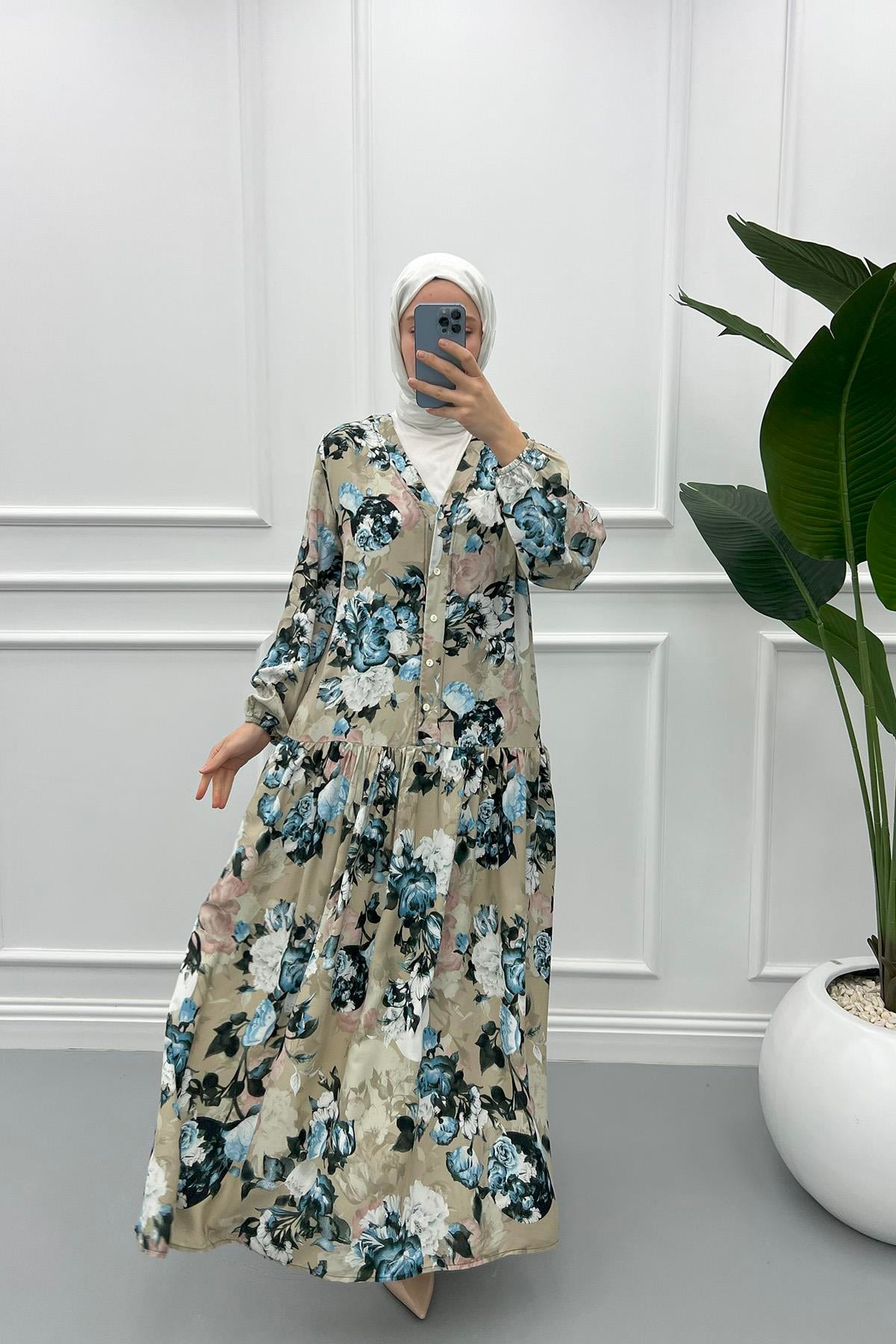 V yaka Çiçekli Elbise Bej