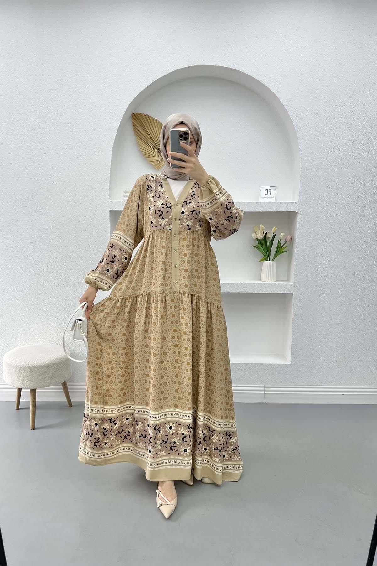 V Yaka Çiçekli Elbise Camel