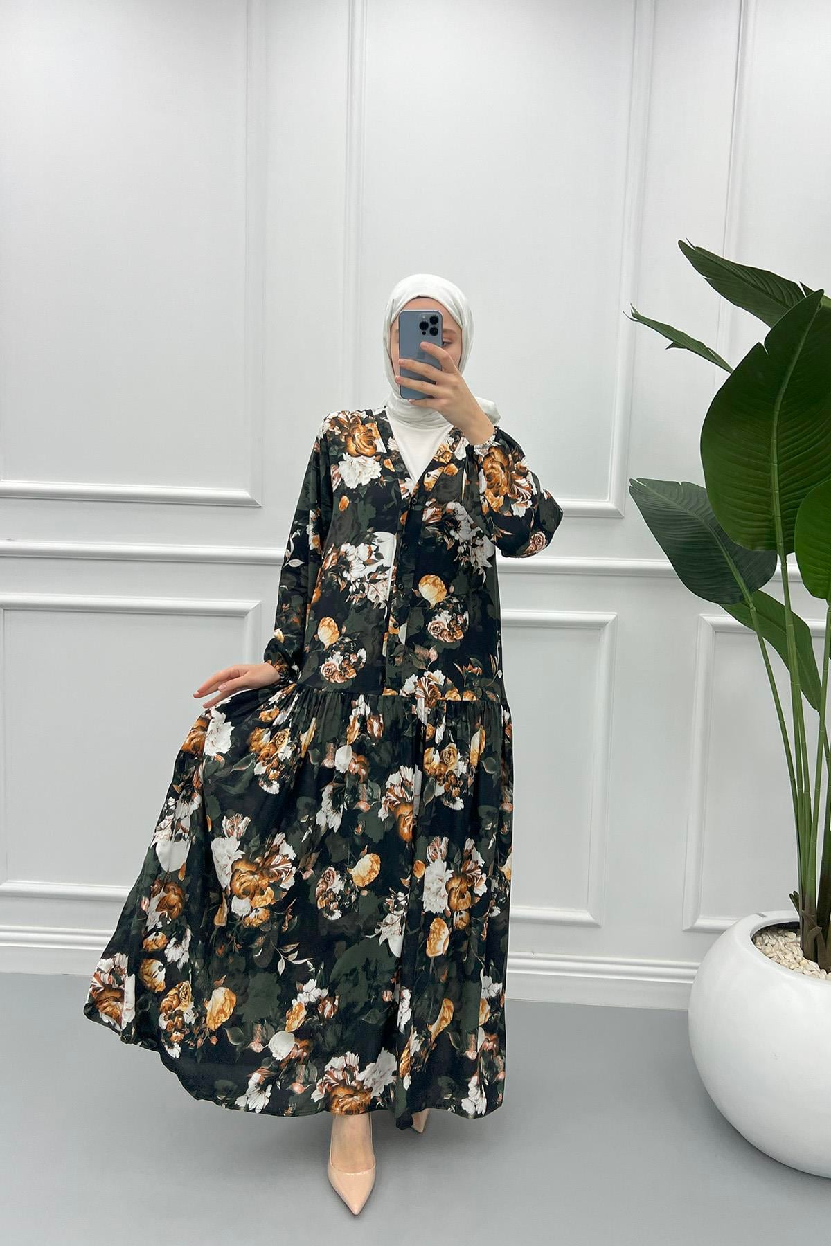 V yaka Çiçekli Elbise Turuncu