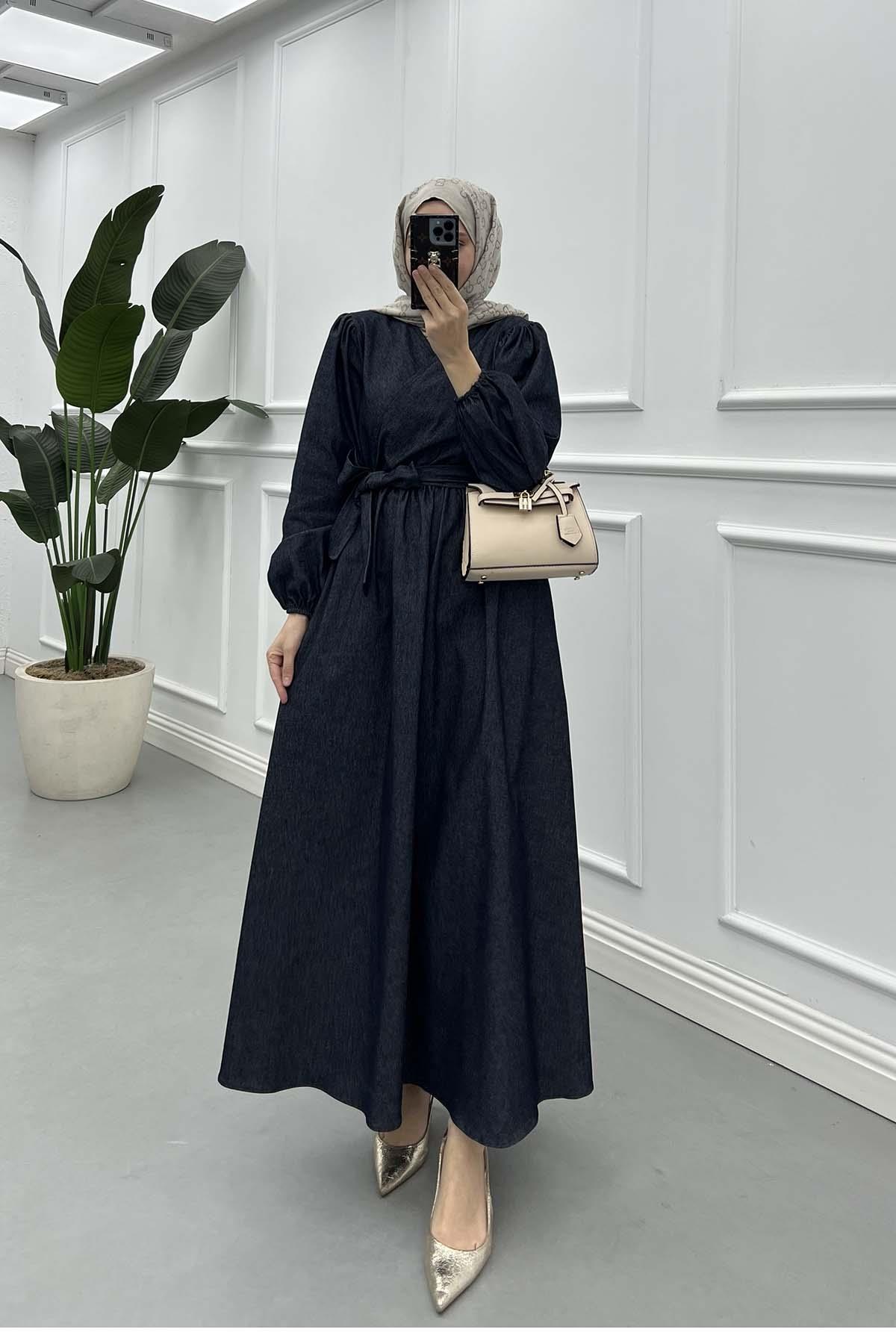 V-Yaka Kuşaklı Denim Elegance Elbise Antrasit