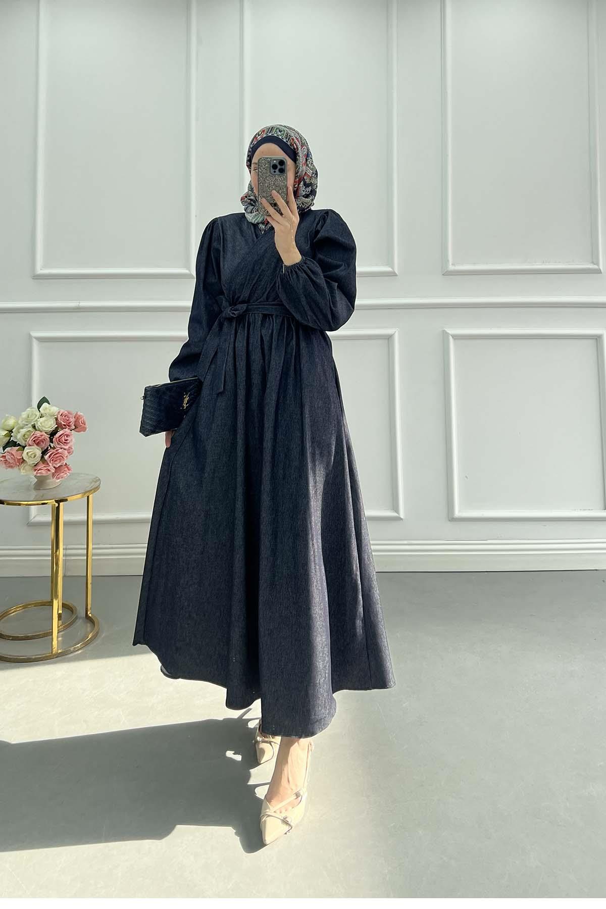 V-Yaka Kuşaklı Denim Elegance Elbise Lacivert