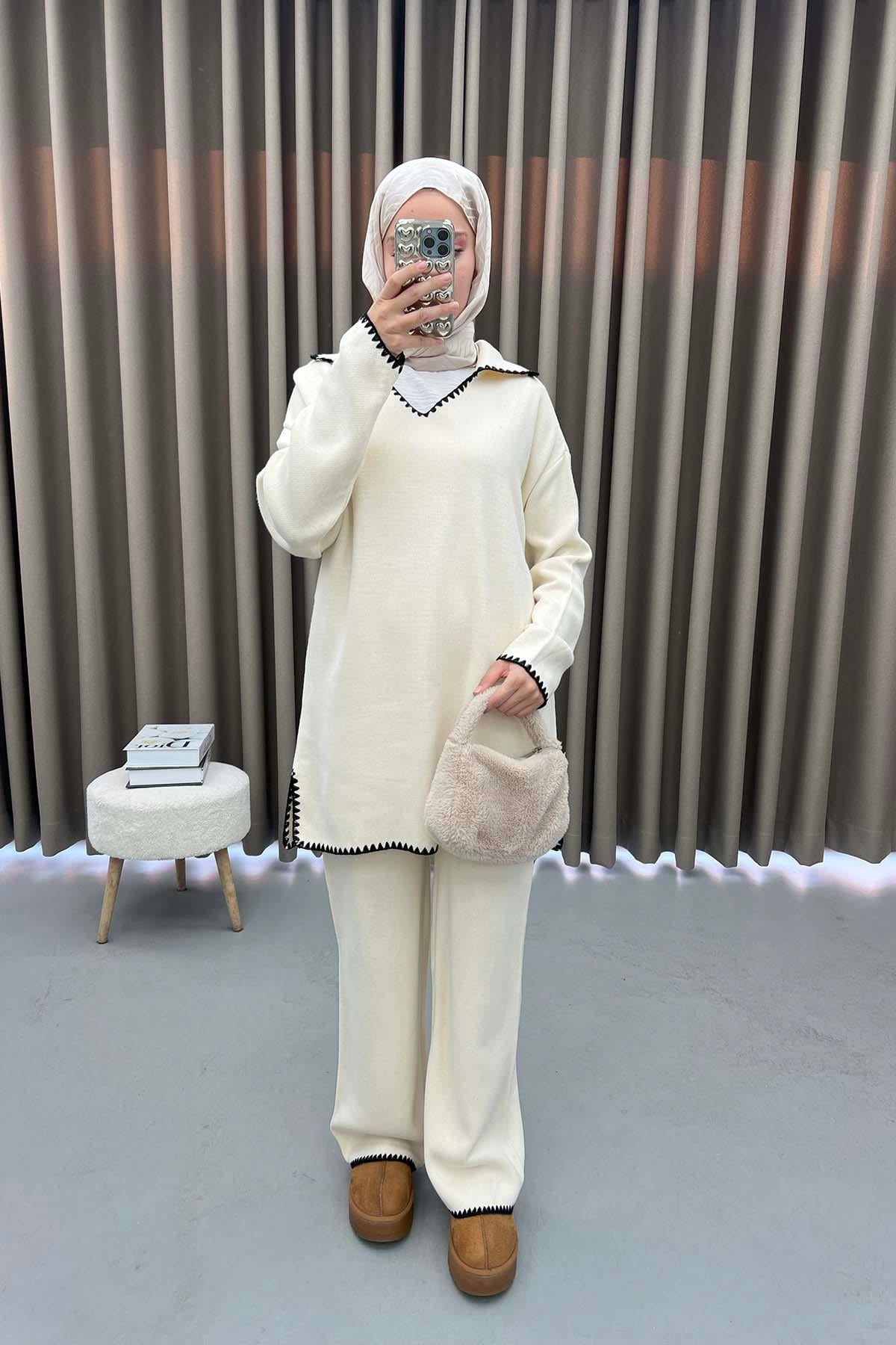 V Yakalı Triko Takım Krem