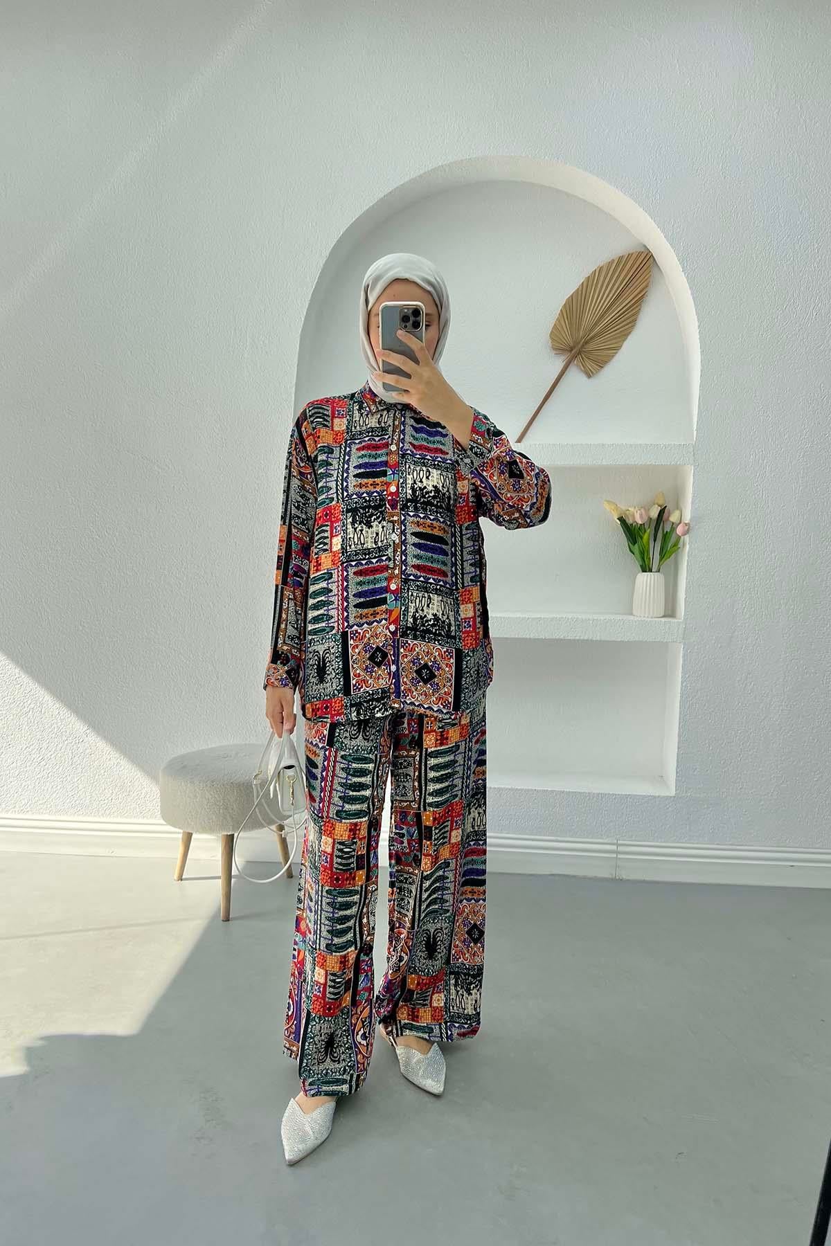 Vanessa Etnik Desen Gömlek Takım Çok Renkli