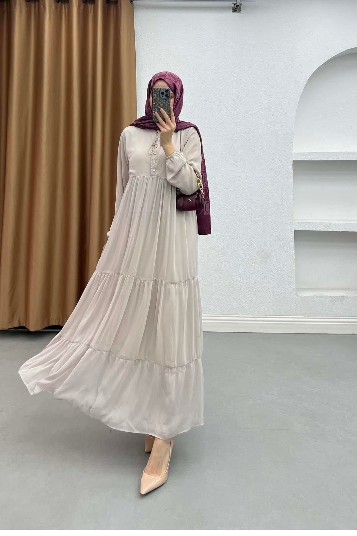 Victoria Katlı Astarlı Şifon Elbise Pudra