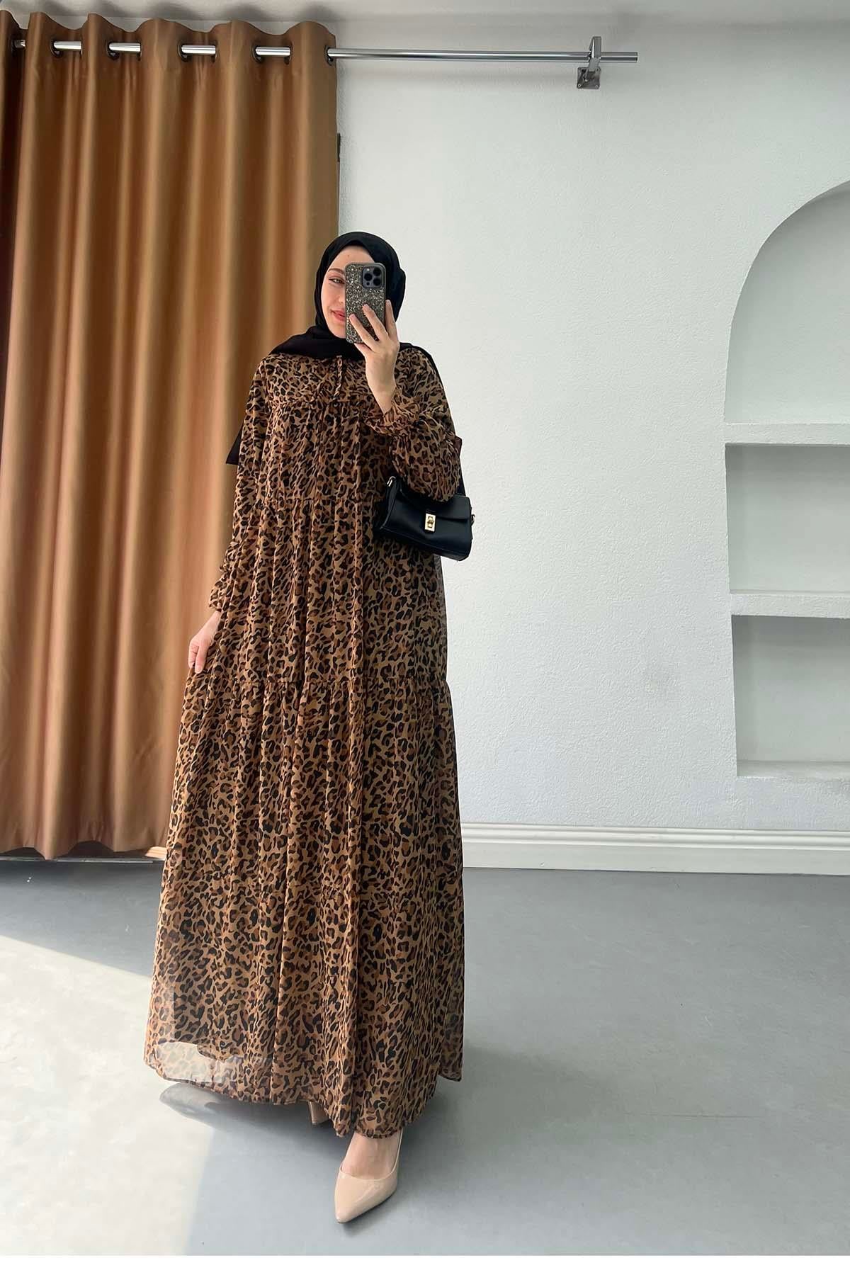 Victoria Katlı Leopar Desen Astarlı Şifon Elbise Leopar