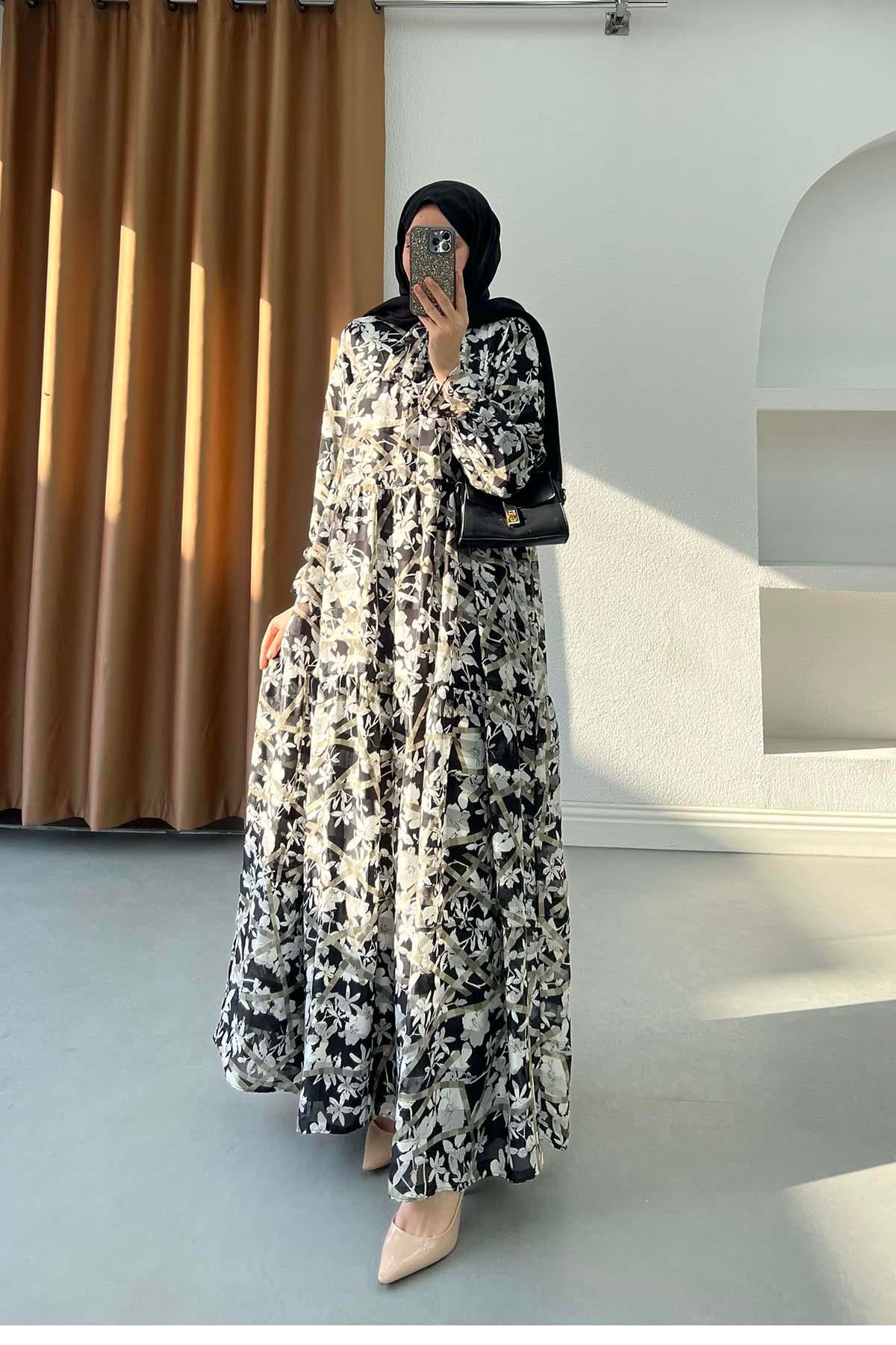 Victoria Katlı Modern Çiçek Desenli Şifon Elbise Siyah-Haki