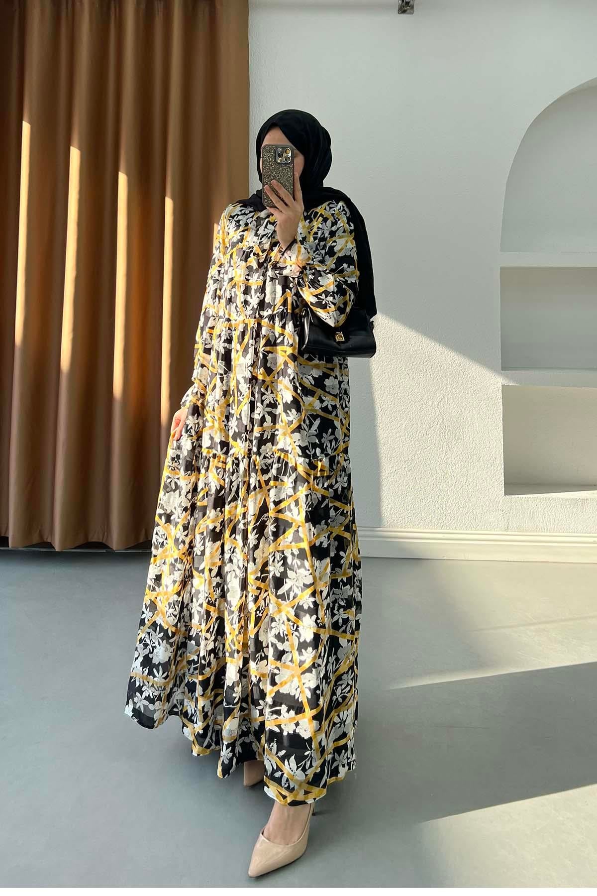 Victoria Katlı Modern Çiçek Desenli Şifon Elbise Siyah-Sarı