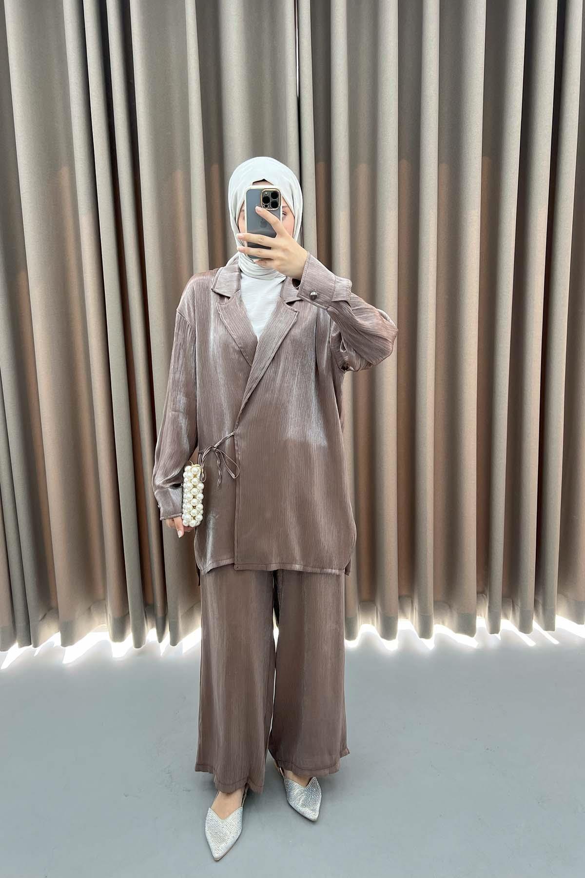 Viral Parlak Kimono Takım Kahve