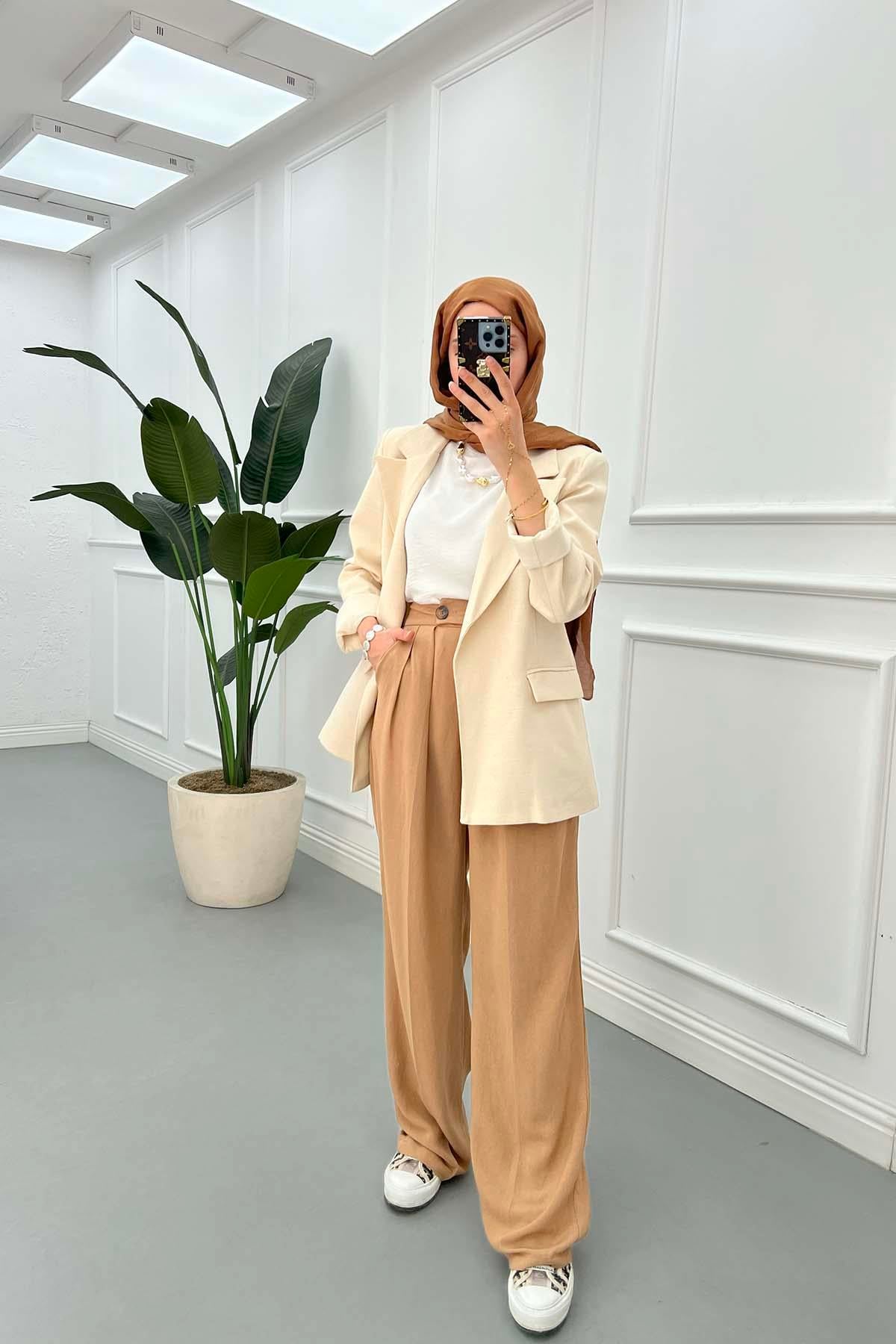 Viskon Keten Pantolon Camel