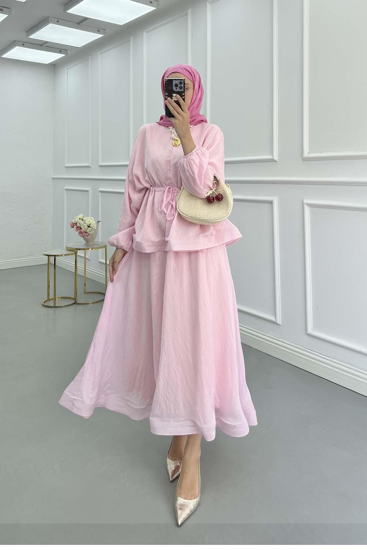 Volanlı Bel Büzgülü (Astarlı) Takım Pembe