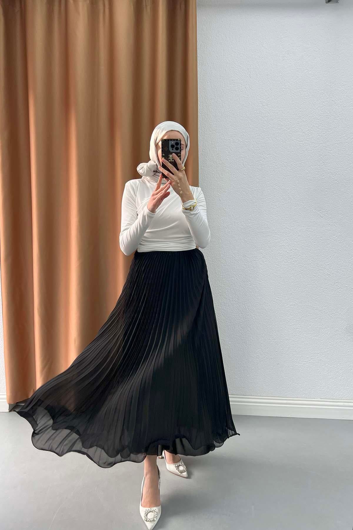 Volanlı Piliseli Etek Siyah