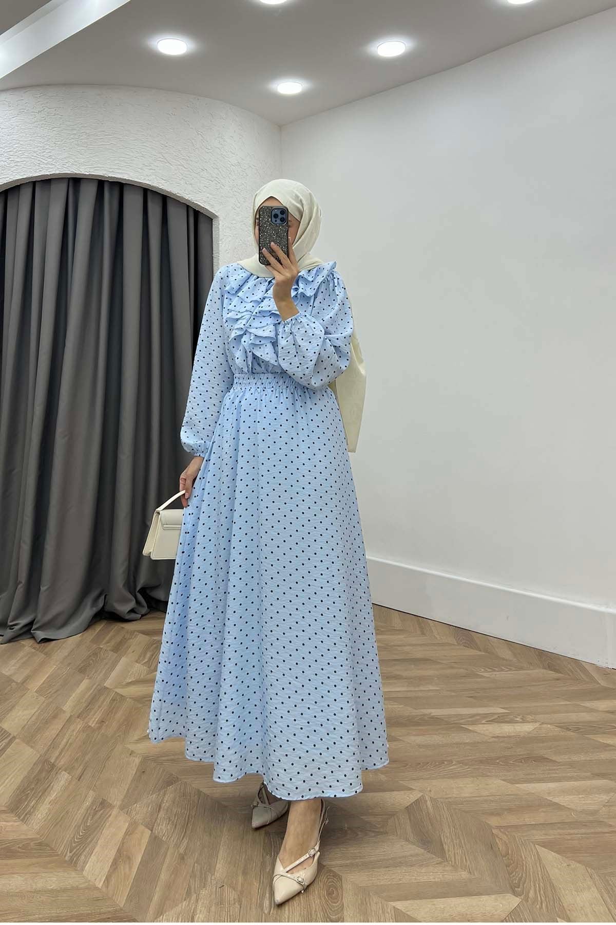 Volanlı Puantiyeli Modal Kumaş Retro Takım Bebe Mavi
