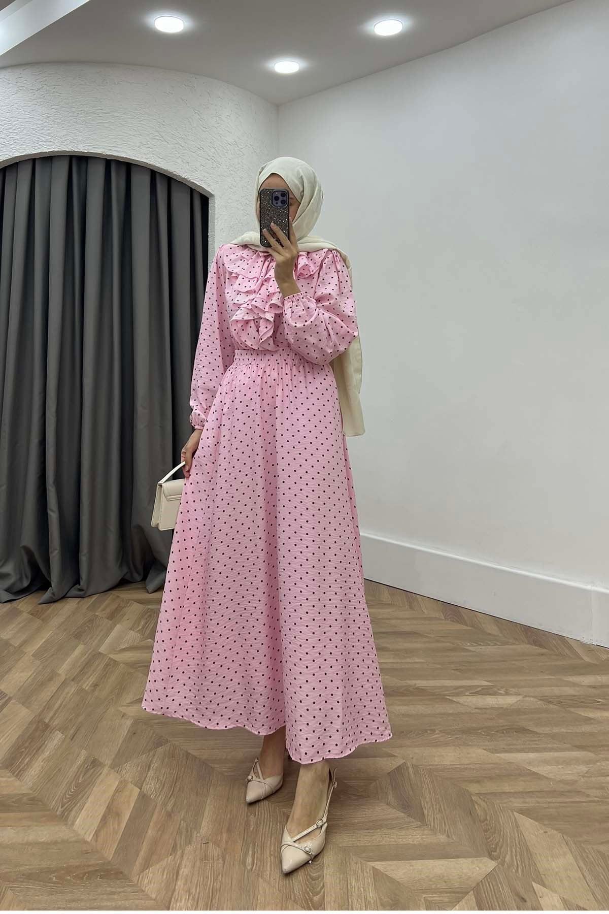 Volanlı Puantiyeli Modal Kumaş Retro Takım Pembe