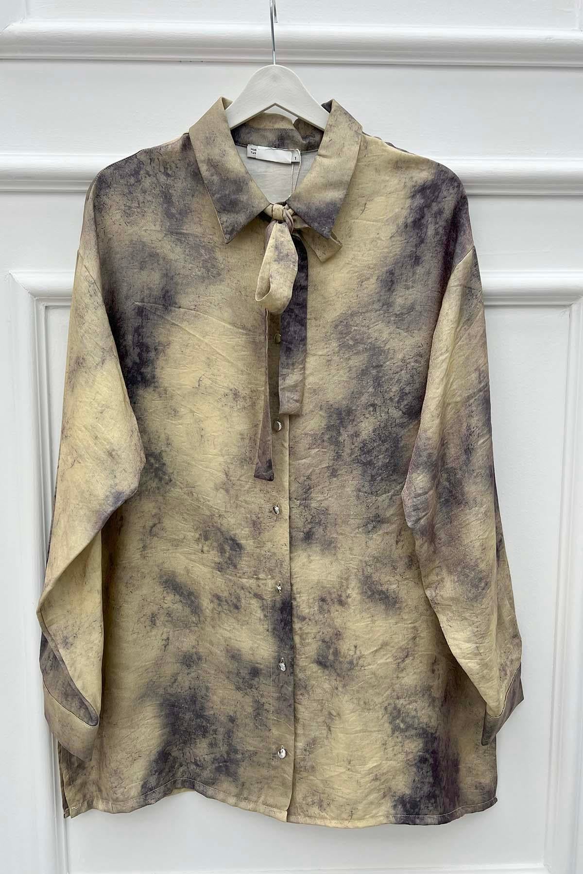 Yaka Bağlamalı Batik Desen Bluz Mürdüm