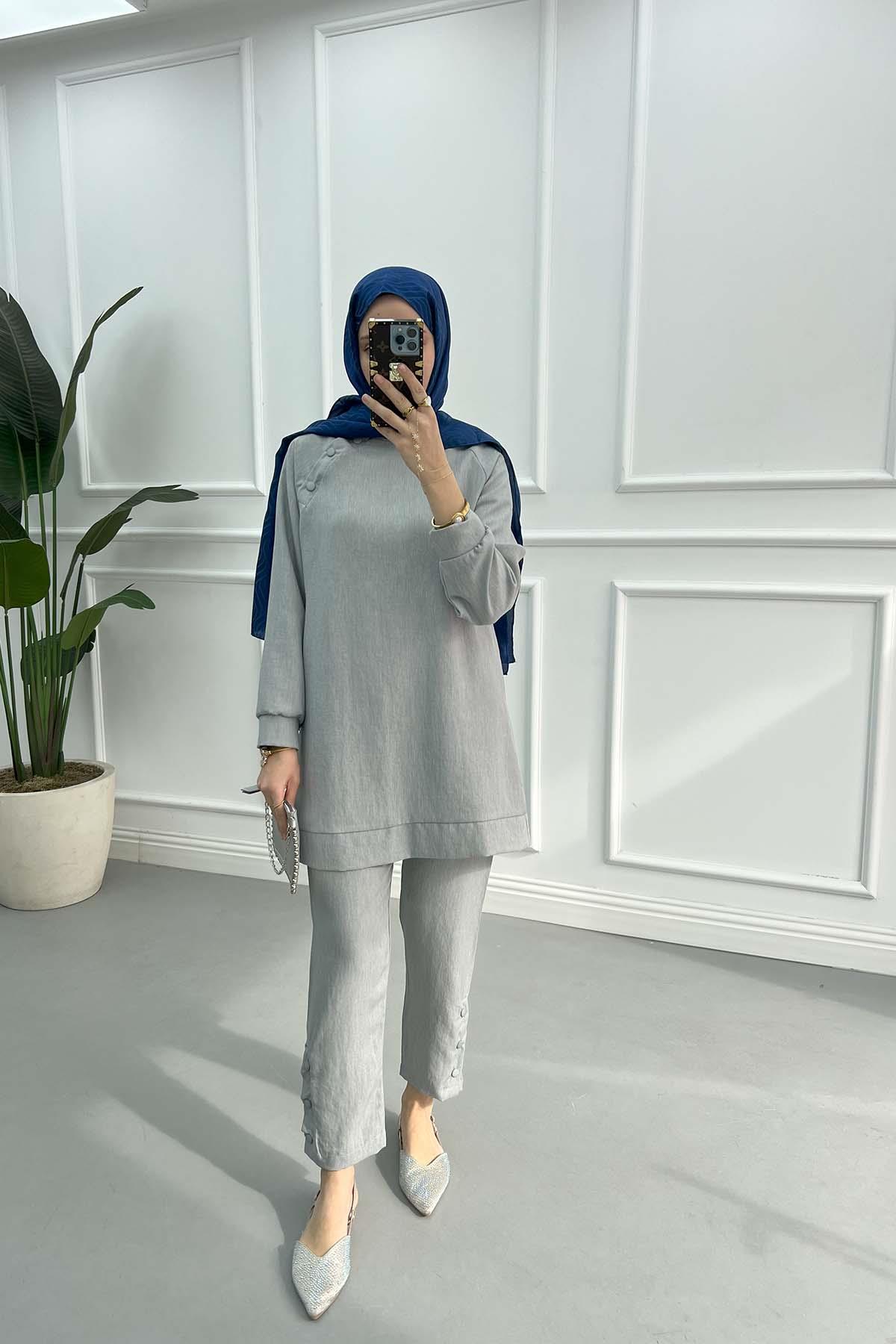 Yaka Çıtçıtlı Tunik Takım Açık Gri