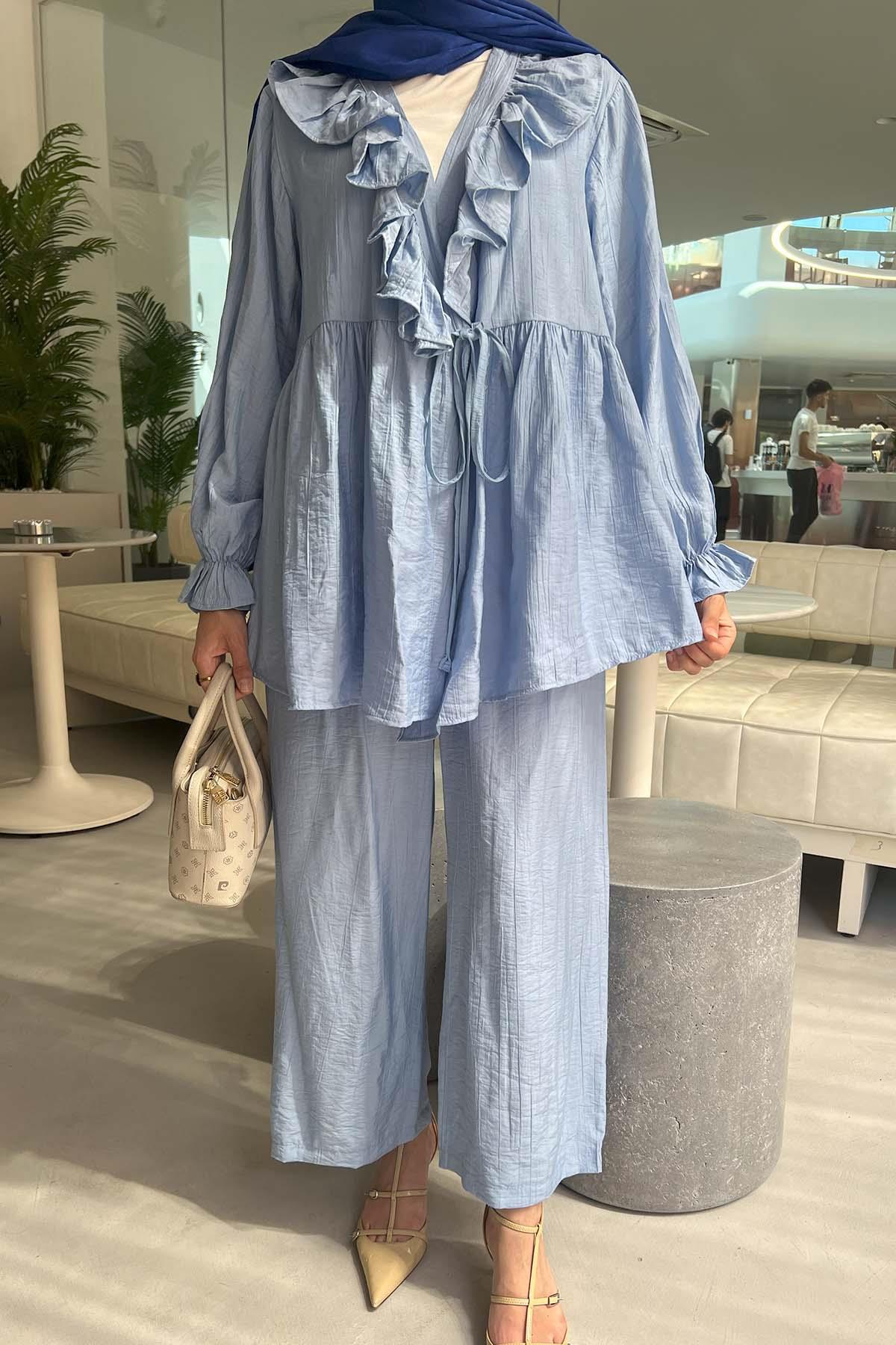 Yaka Detaylı Bağlamalı Pantalon Takım Bebe Mavi