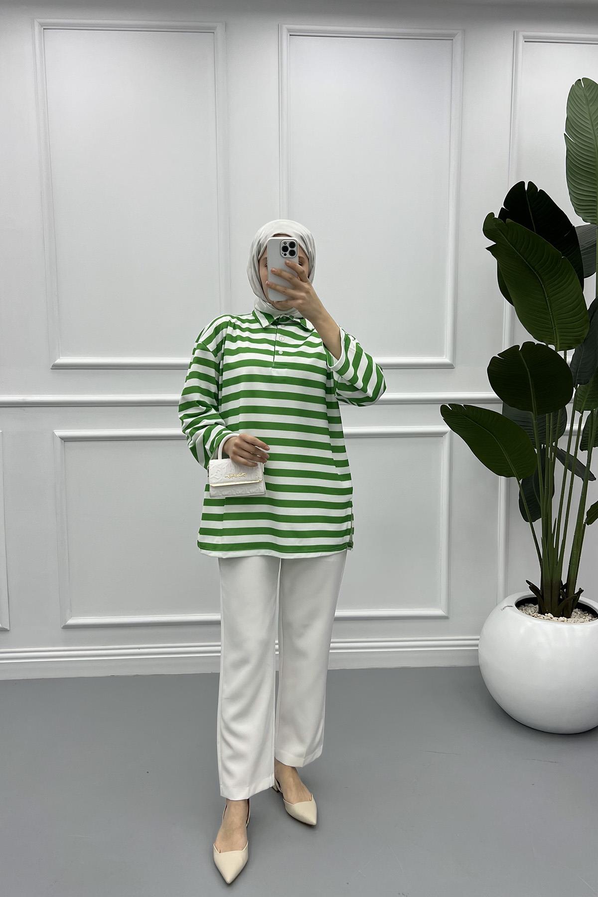 Yaka Düğmeli Çizgili Sweat Yeşil