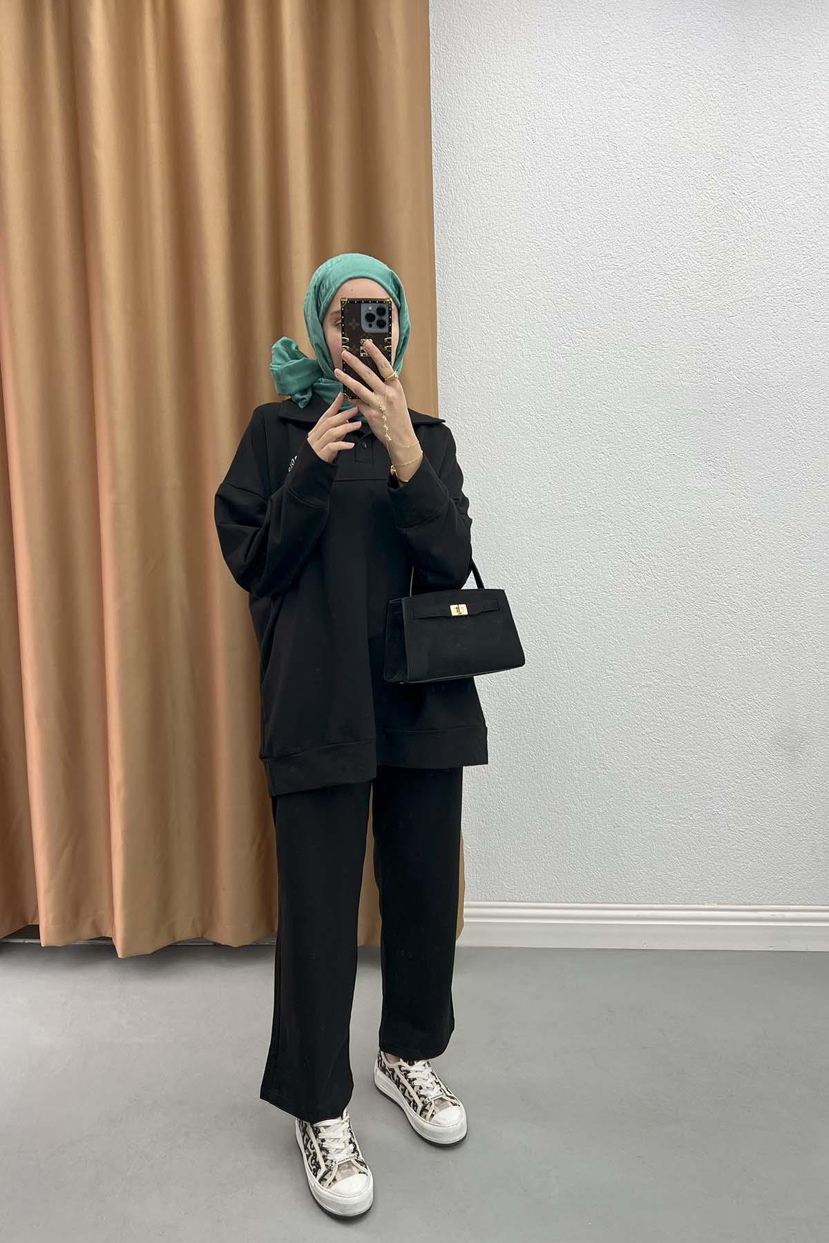 Yaka Düğmeli Sweat Takım Siyah