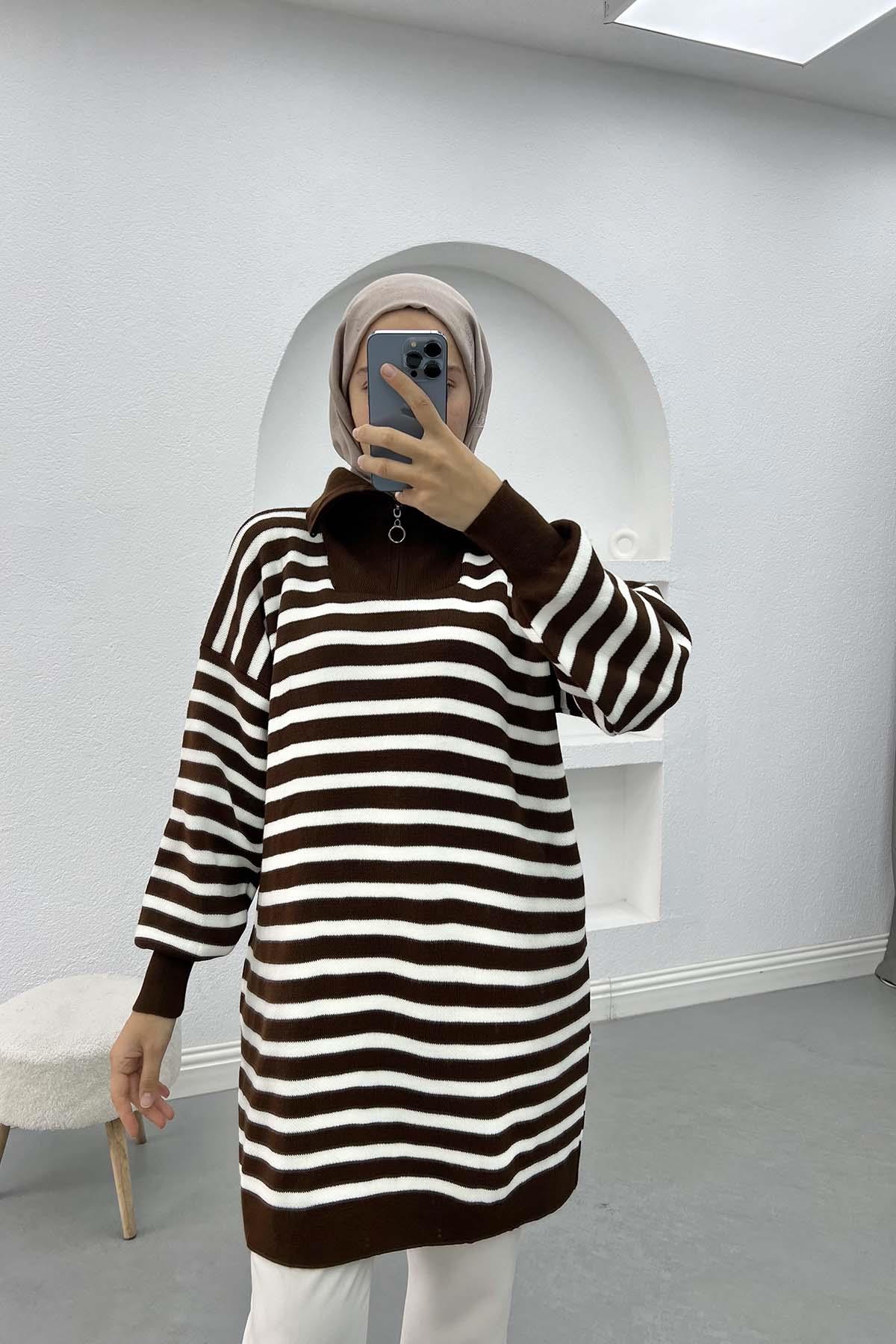 Yaka Fermuarlı Çizgili Tunik Acı Kahve