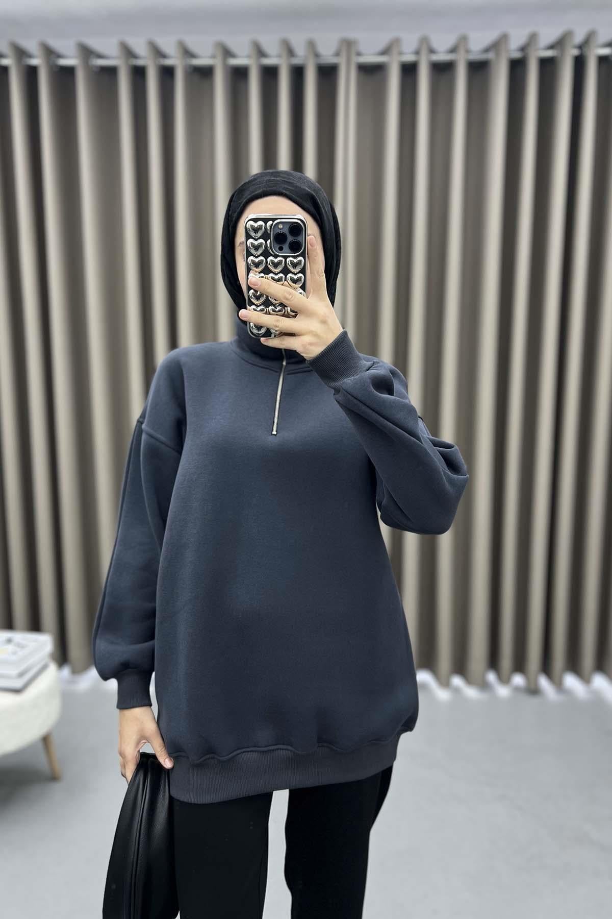 Yaka Fermuarlı Sweatshirt Antrasit