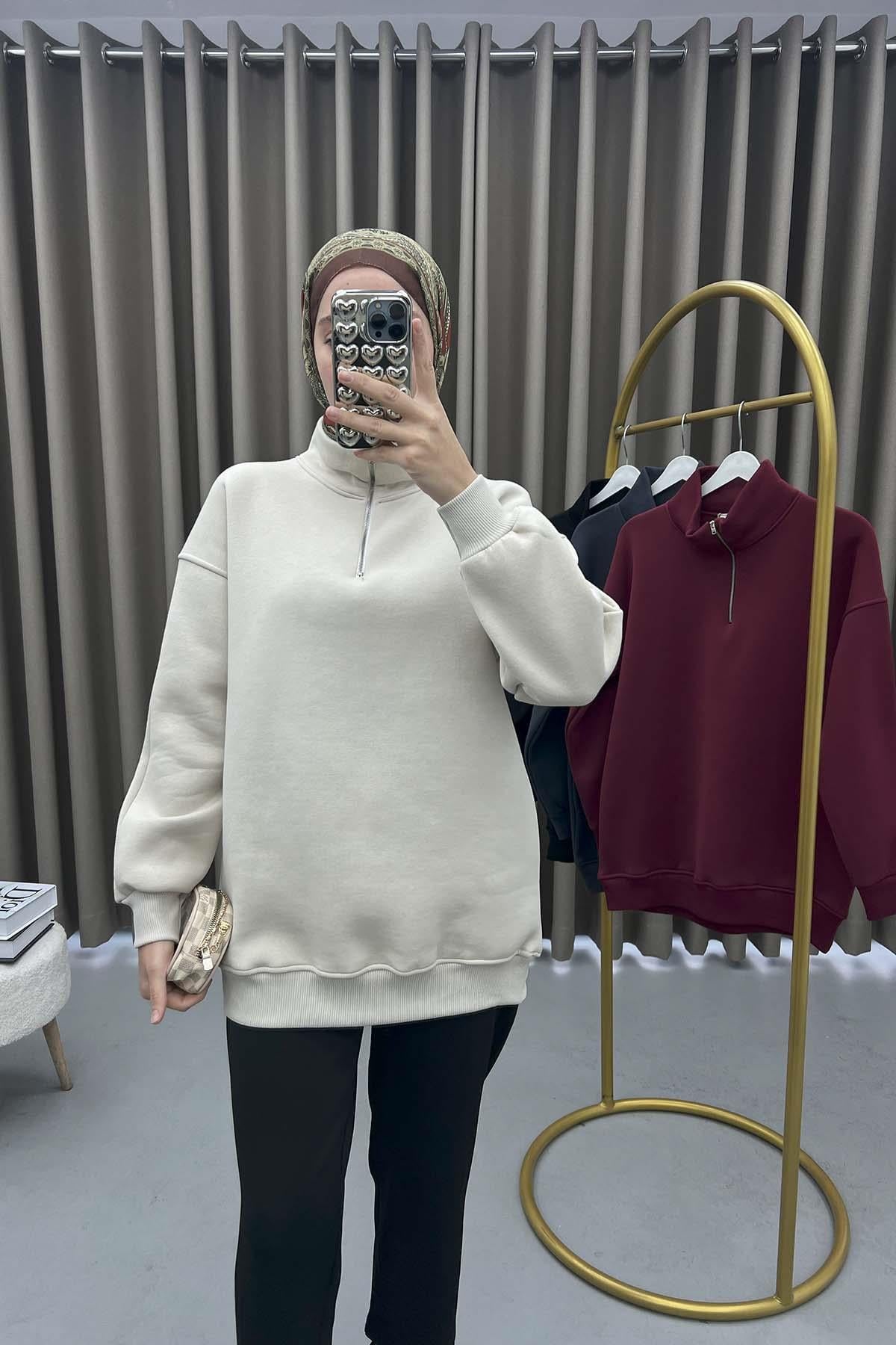 Yaka Fermuarlı Sweatshirt Bej