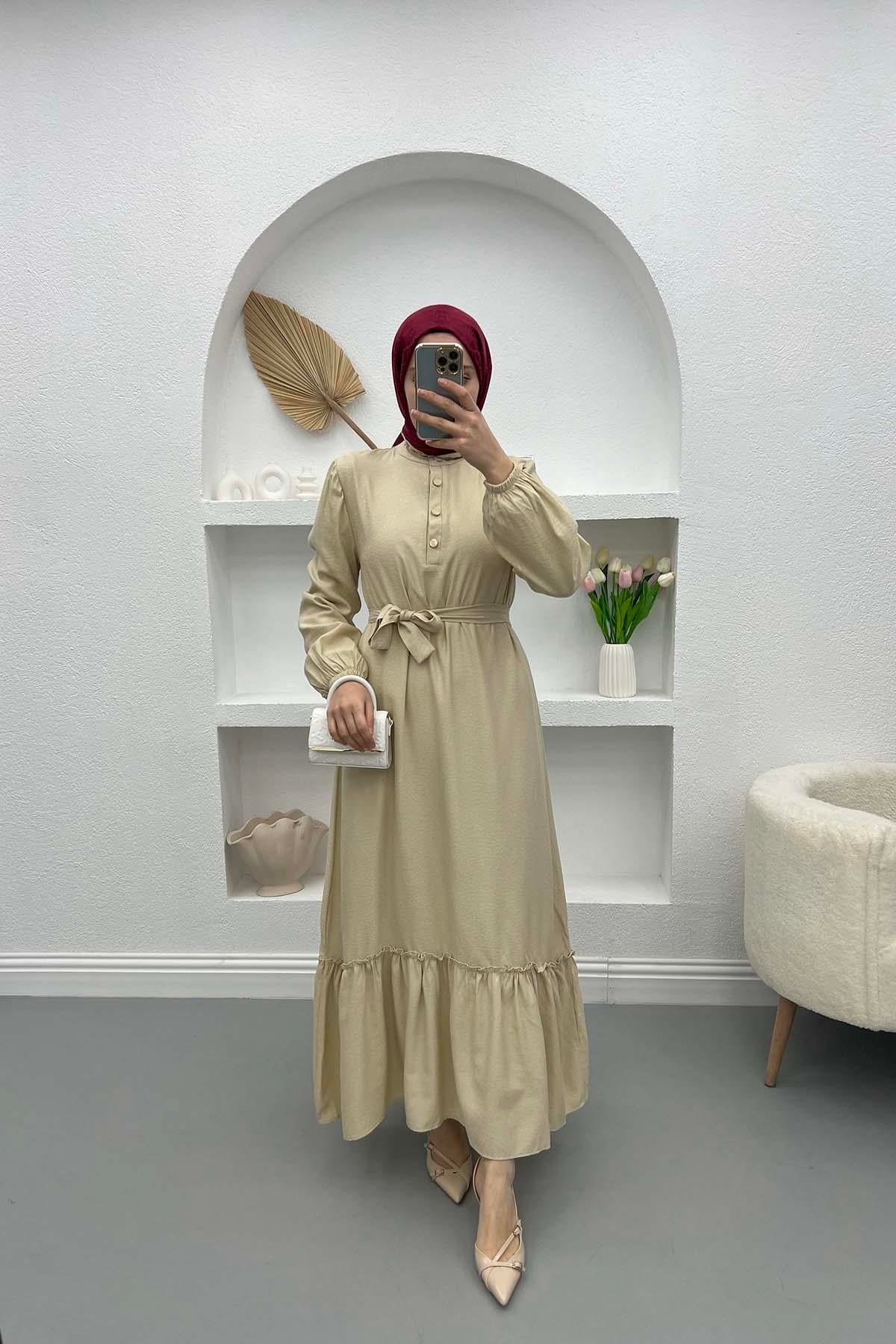 Yaka Fırfırlı Elbise Bej