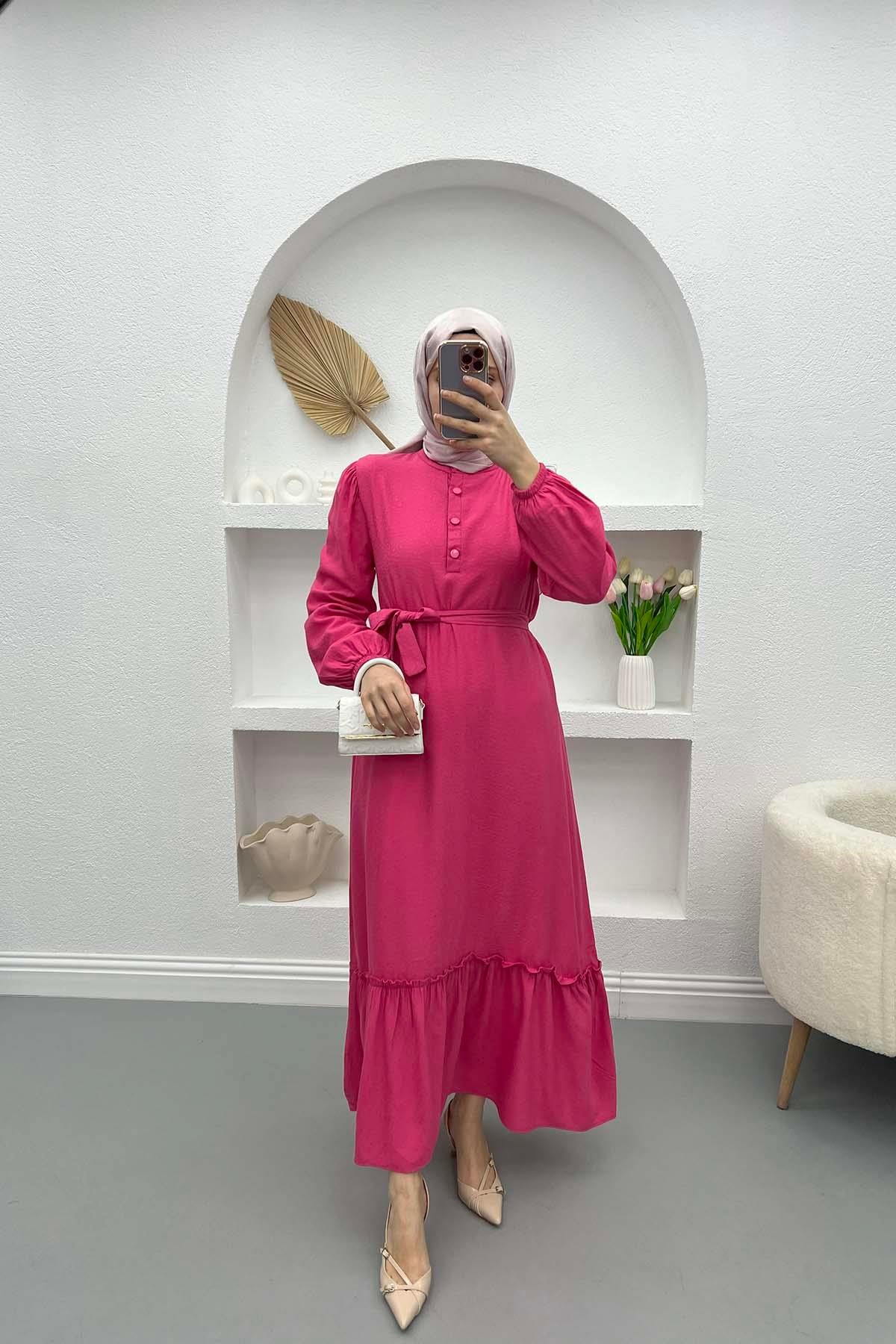 Yaka Fırfırlı Elbise Pembe