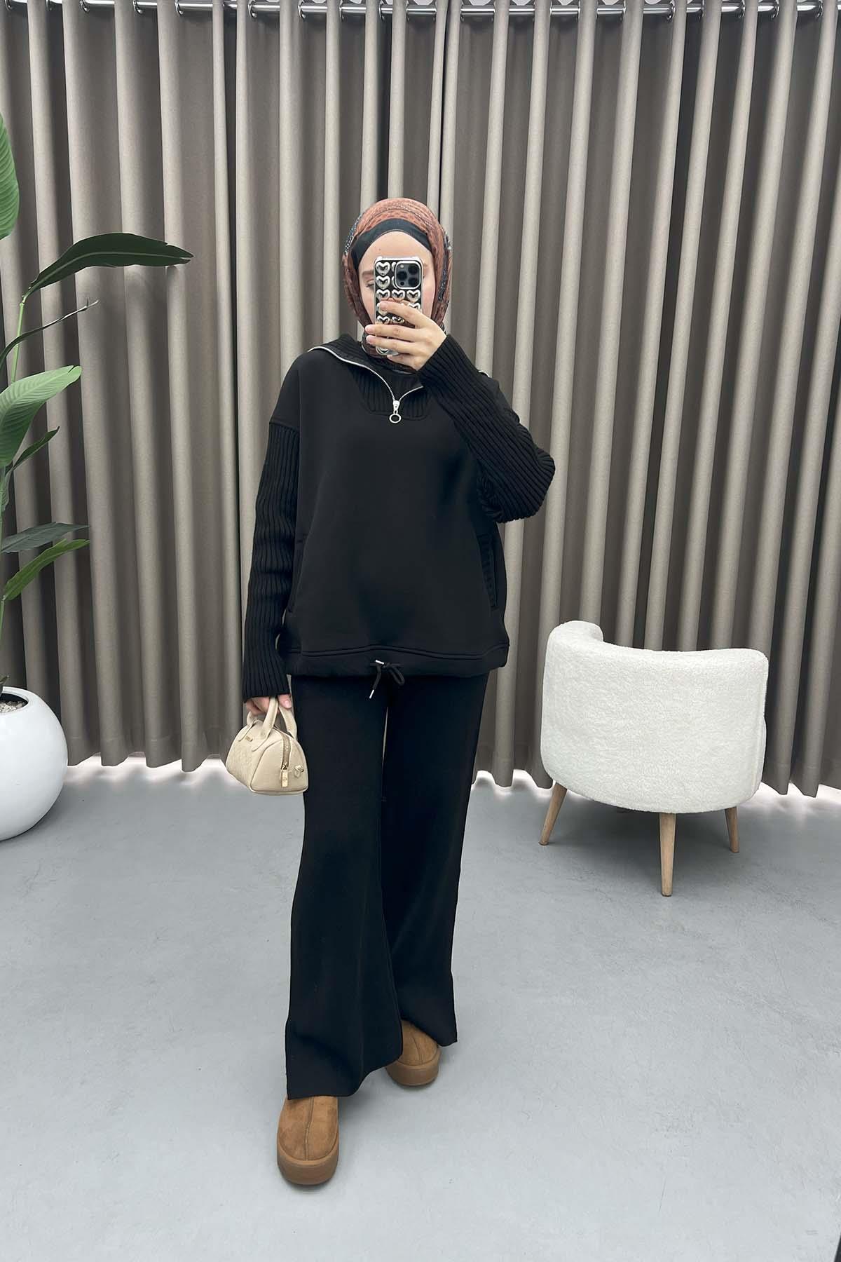 Yaka Ve Kol Detaylı Sweatshirt Siyah
