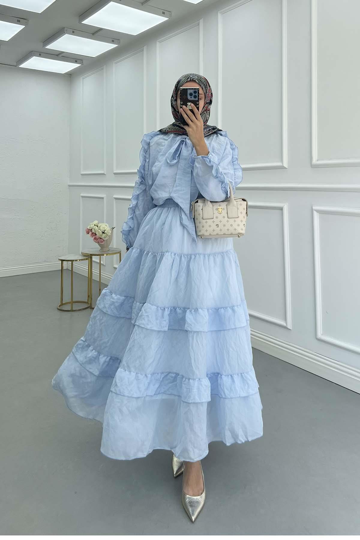 Yakası Bağlamalı Kolu Fırfrfırlı Kat Kat Etekli İkili Takım Mavi