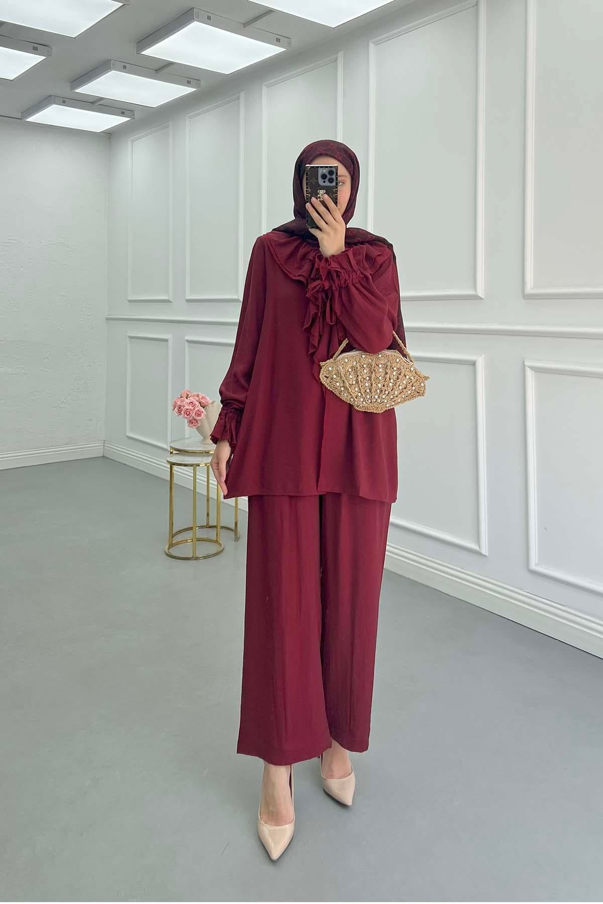 Yakası Fırfırlı Bağlamalı Takım Bordo