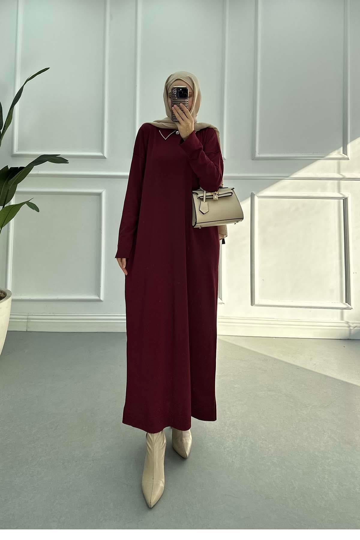 Yakası Taş Detaylı Merserize Elbise Bordo