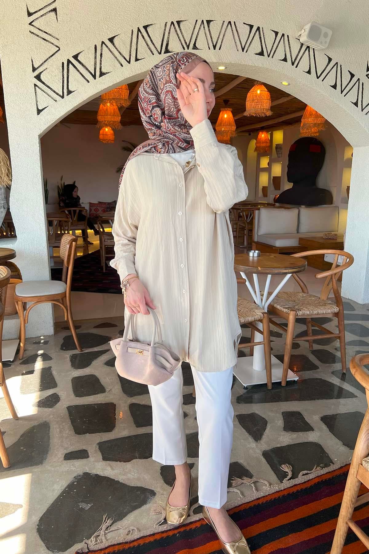 Yan Büzgülü Dokulu Gömlek Taş