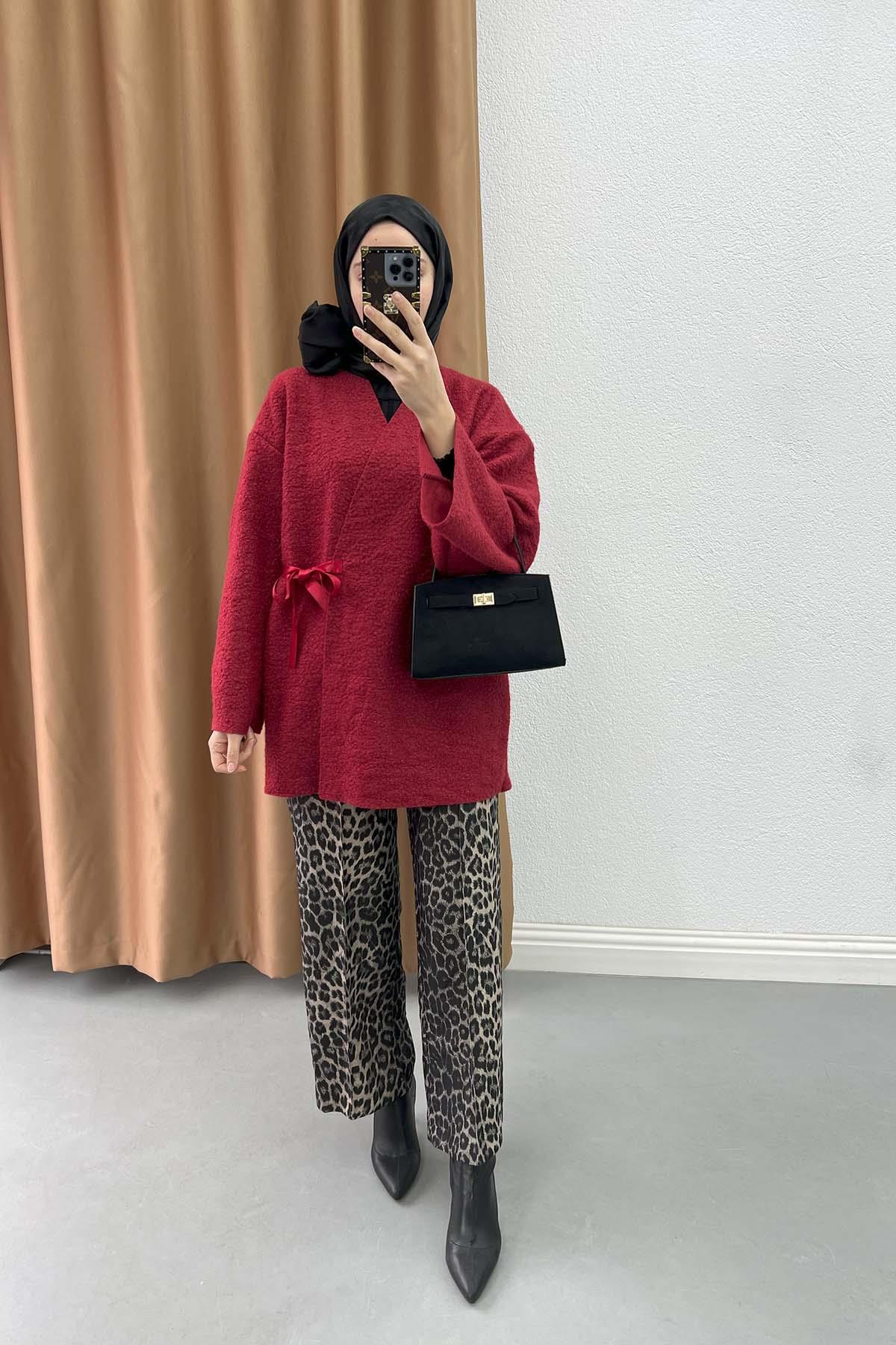 Yan Kurdeleli Buklet Kimono Bordo