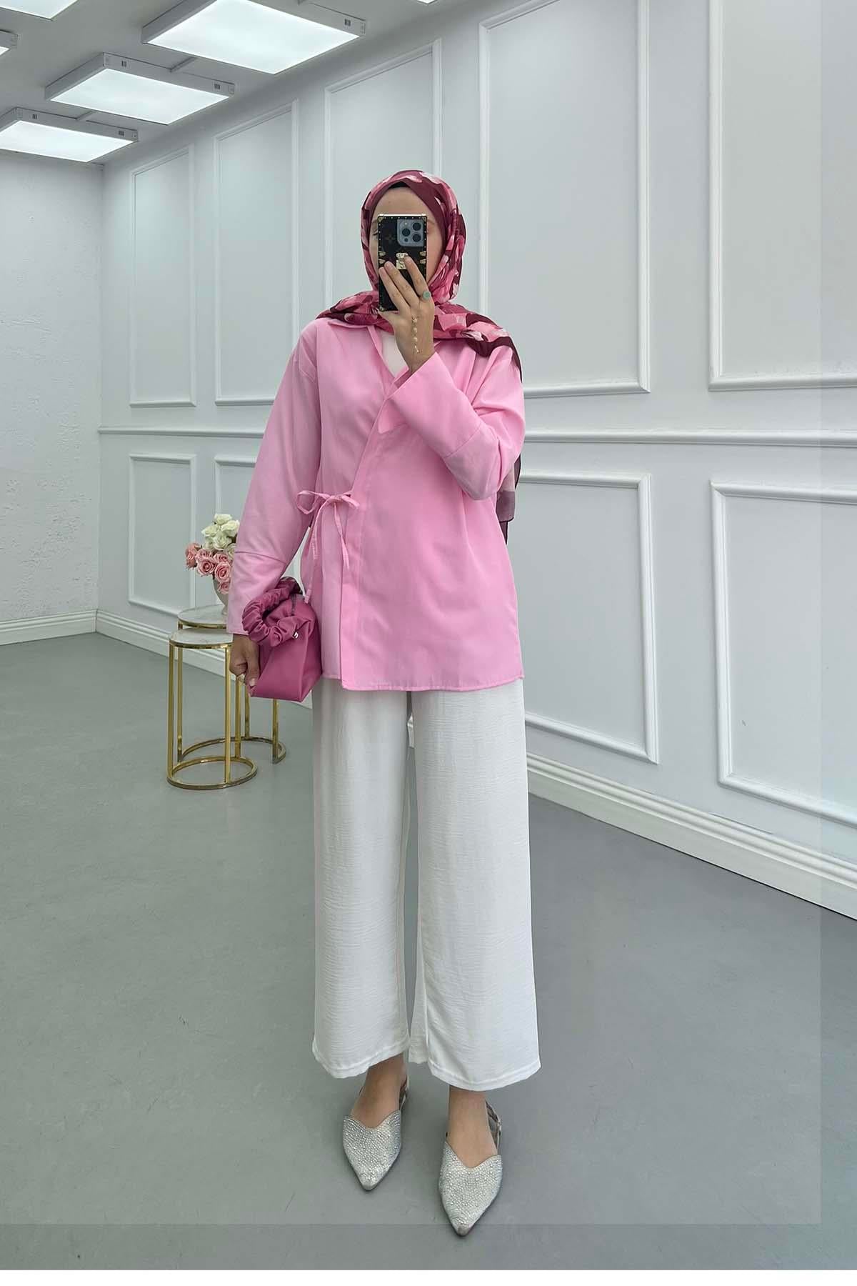 Yandan Bağlamalı Ceket Kimono Pembe