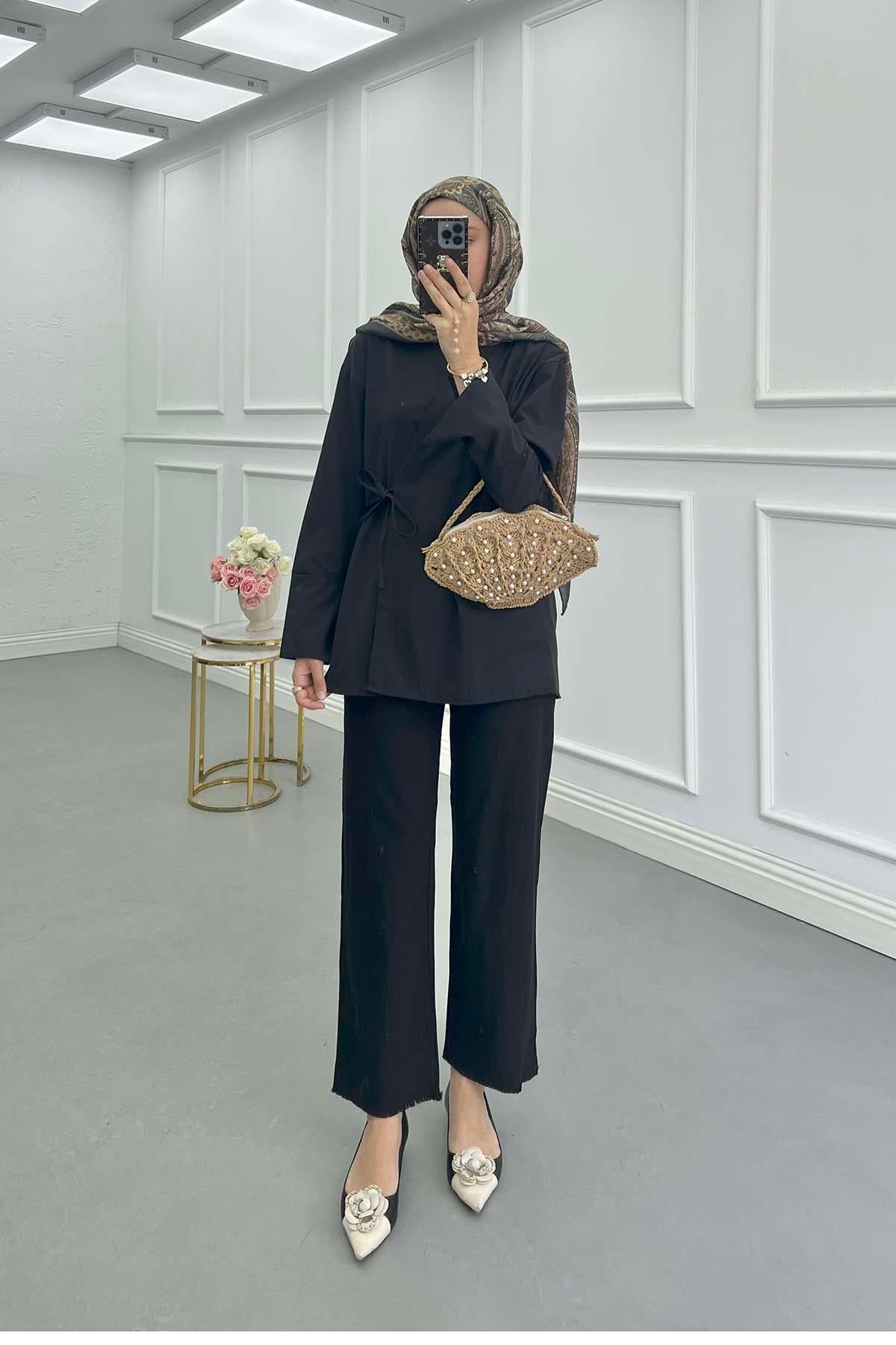 Yandan Bağlamalı Ceket Kimono Siyah
