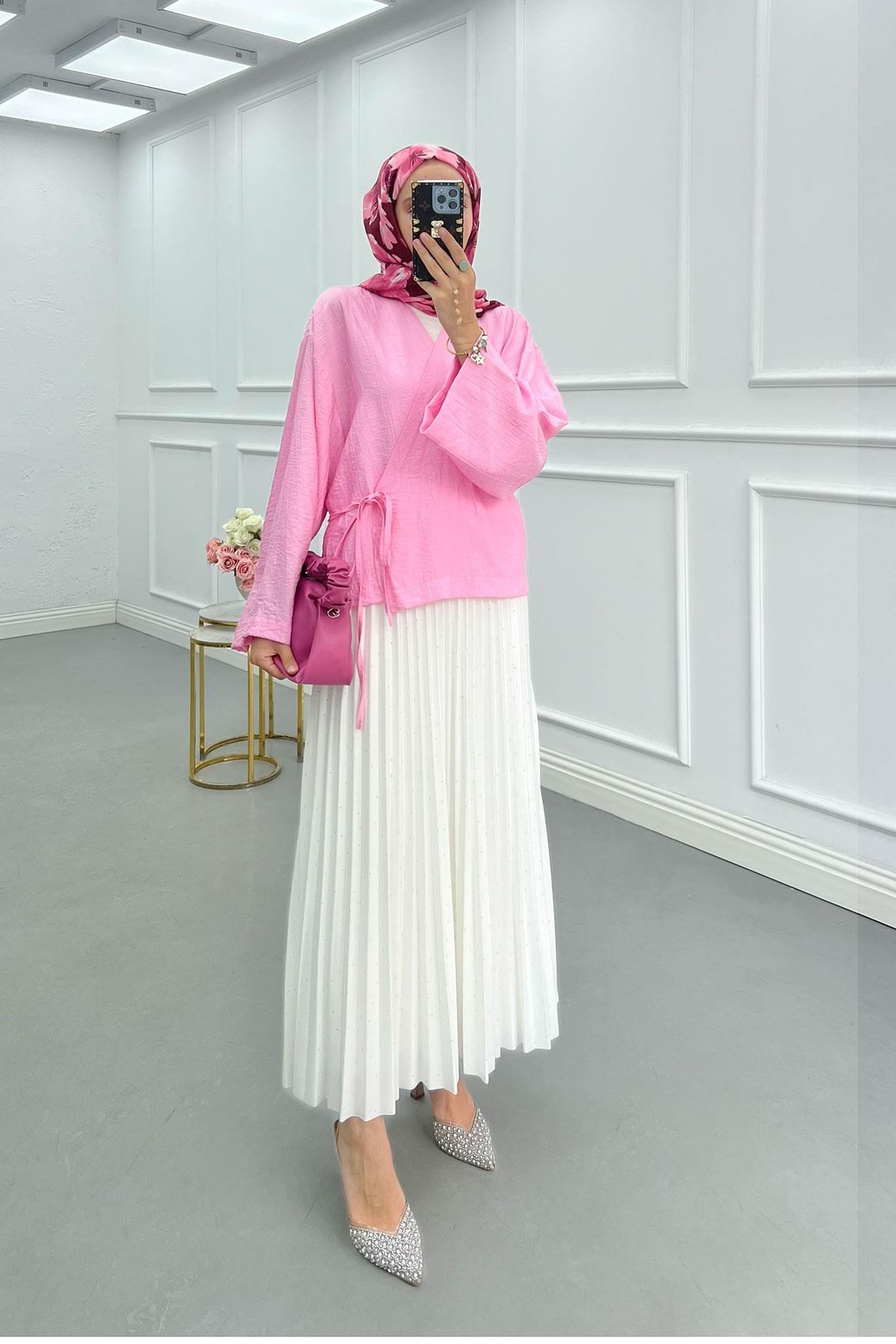 Yandan Bağlamalı Çilek Kimono Pembe