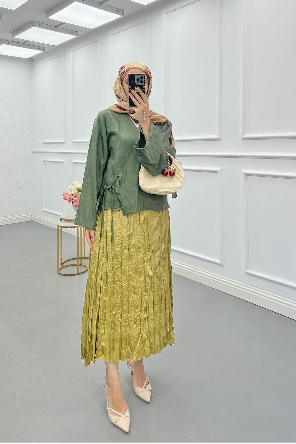 Yandan Bağlamalı Çilek Kimono Yeşil