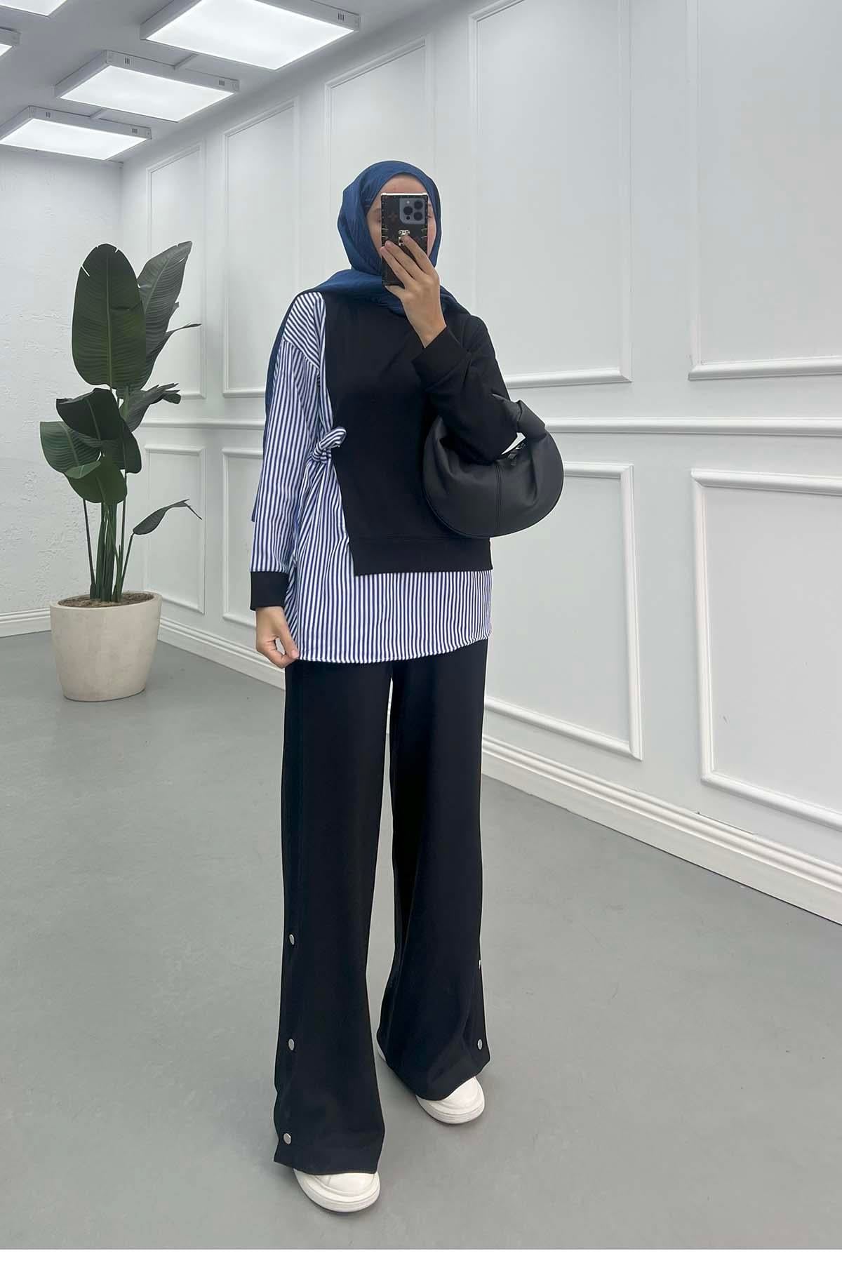 Yandan Bağlamalı Çizgili Sweatshirt Siyah