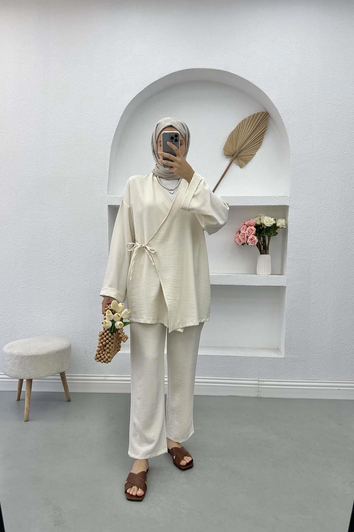 Yandan Bağlamalı Viral Kimono Takım Krem