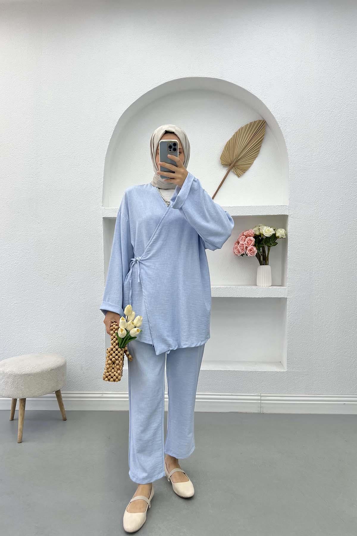 Yandan Bağlamalı Viral Kimono Takım Mavi