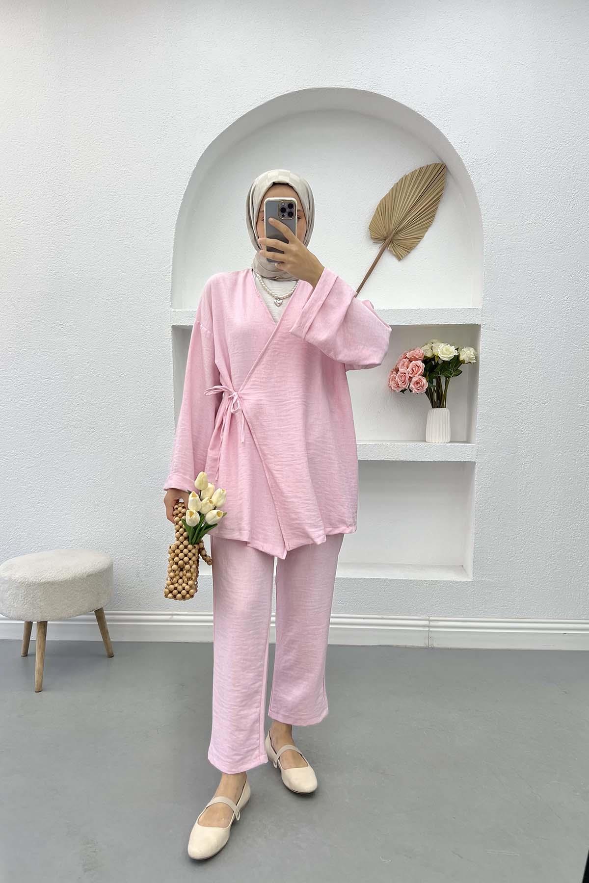 Yandan Bağlamalı Viral Kimono Takım Pembe