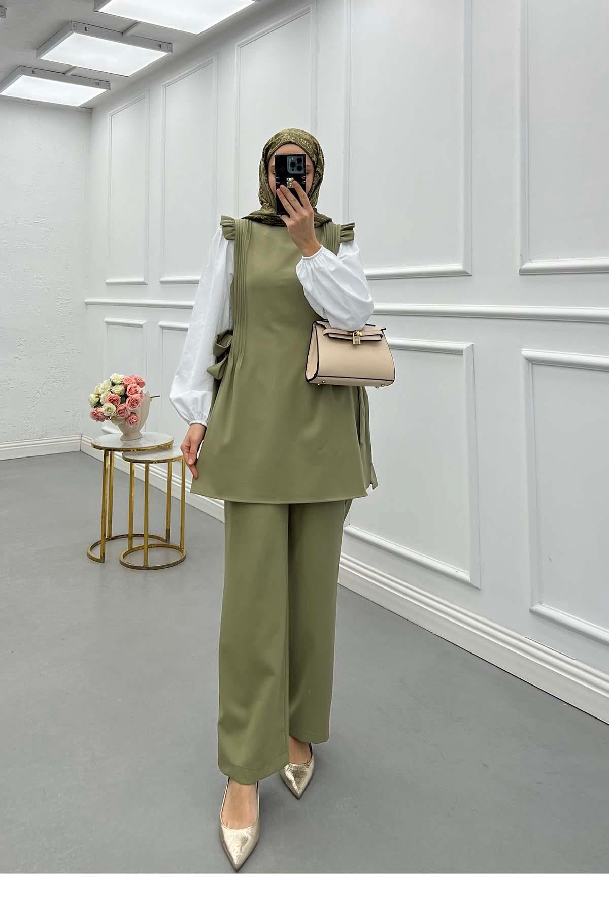 Yandan Bağlamalı Yelekli Üçlü Takım Yağ Yeşili