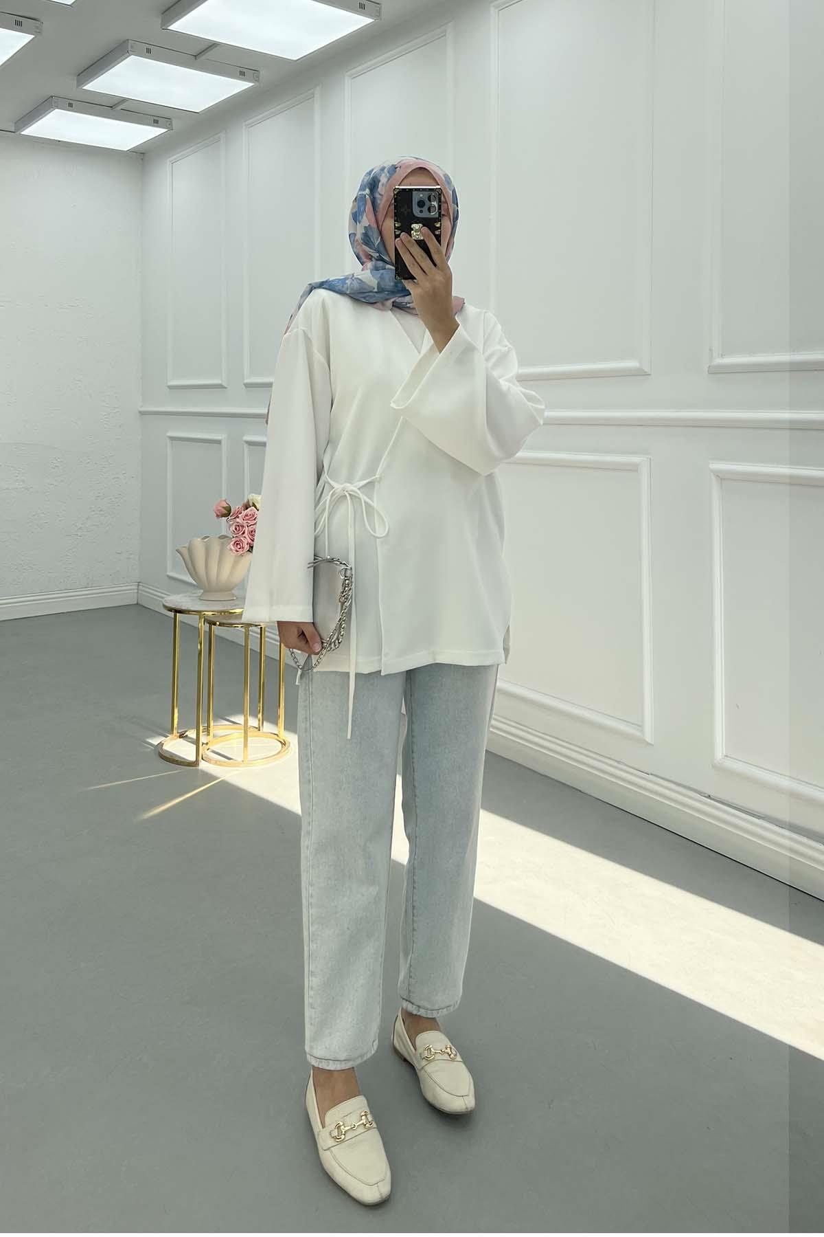 Yanı Yırtmaçlı Double Kimono Beyaz