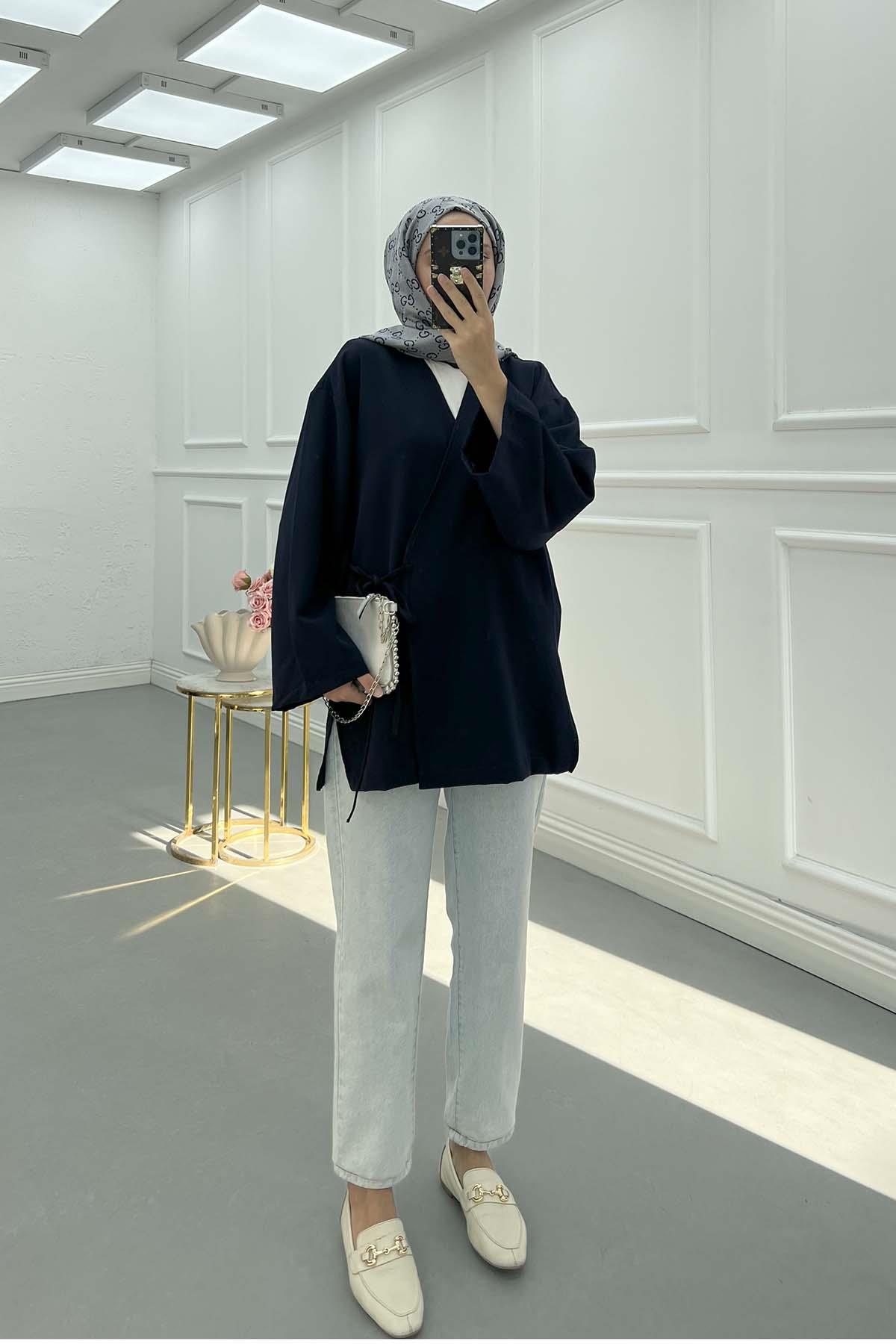 Yanı Yırtmaçlı Double Kimono Lacivert
