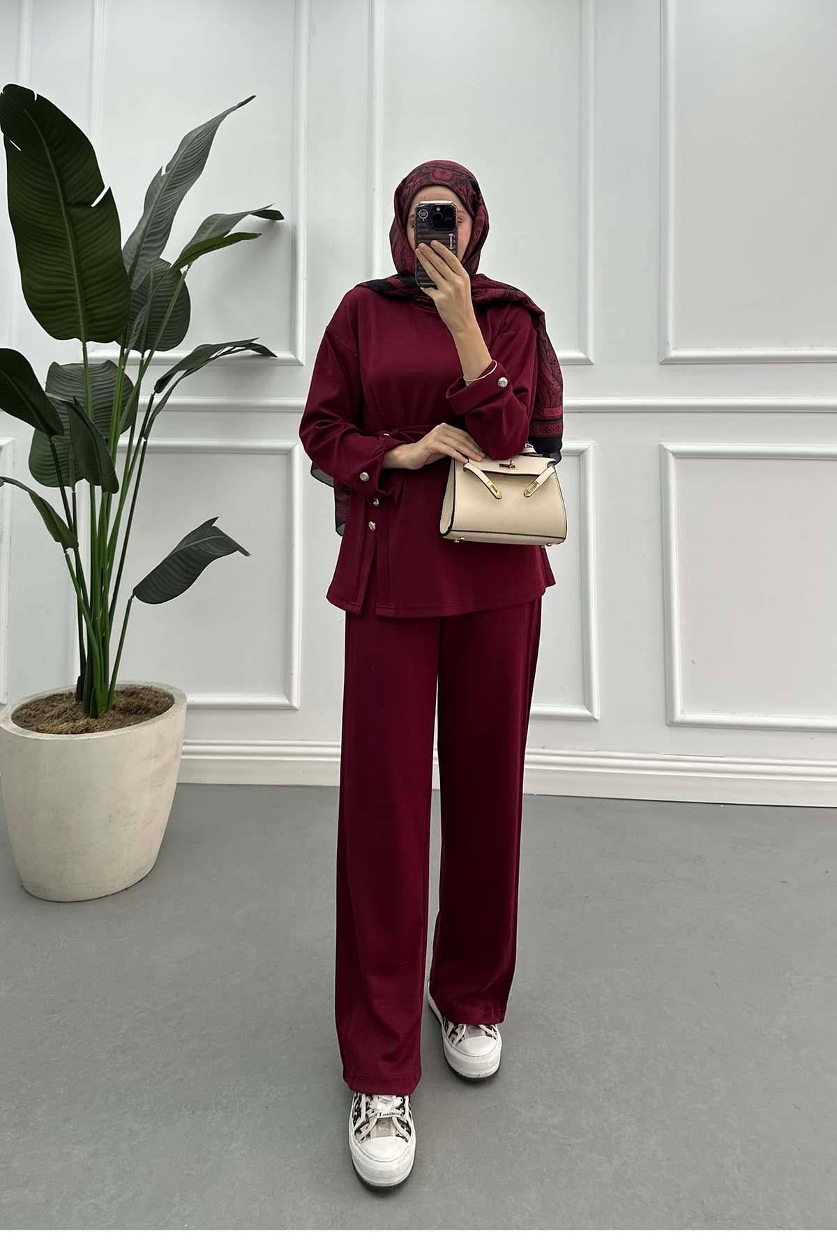 Yanı Yırtmaçlı Kuşaklı Oysh Takım Bordo