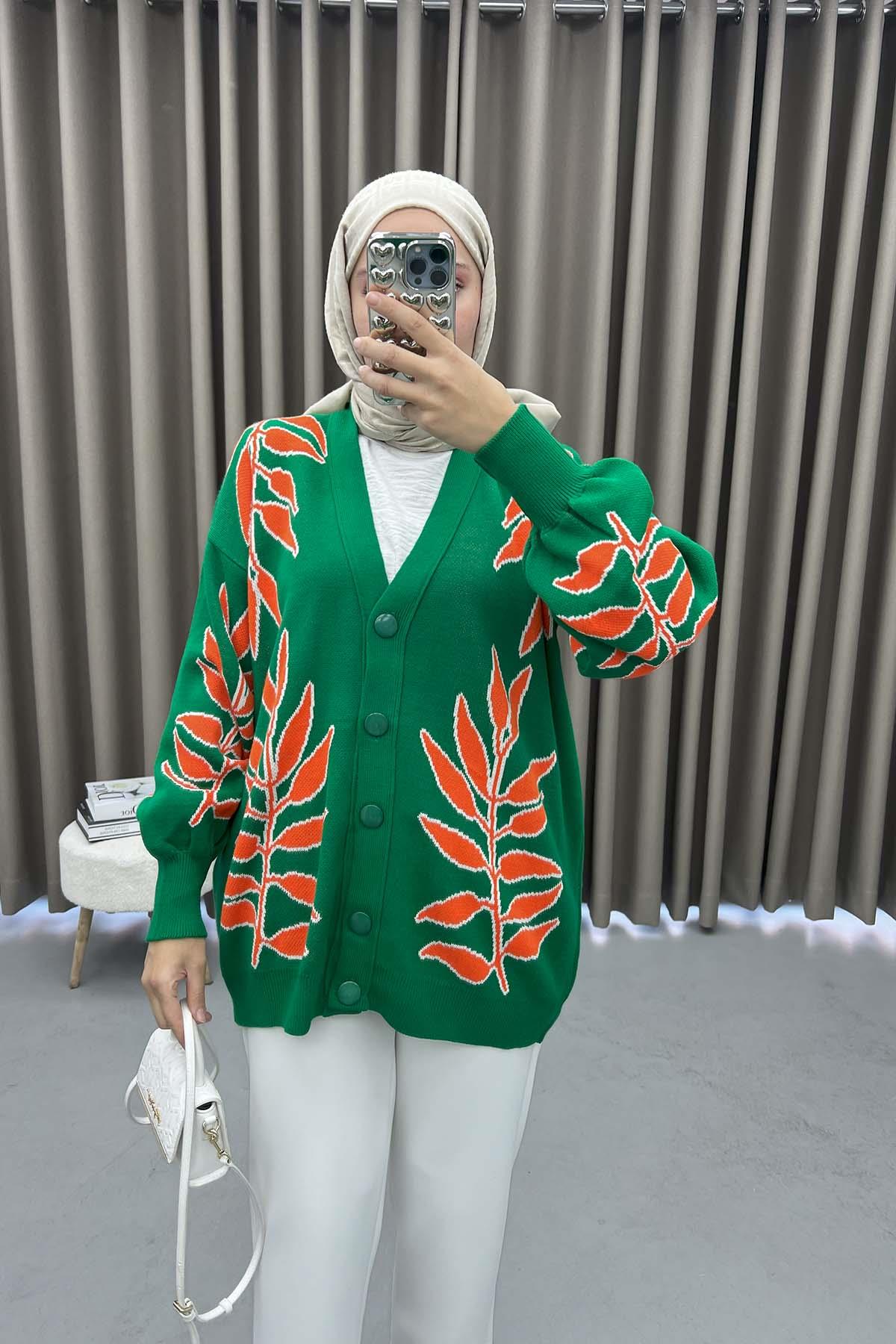 Yaprak Desenli Hırka Benetton Yeşil